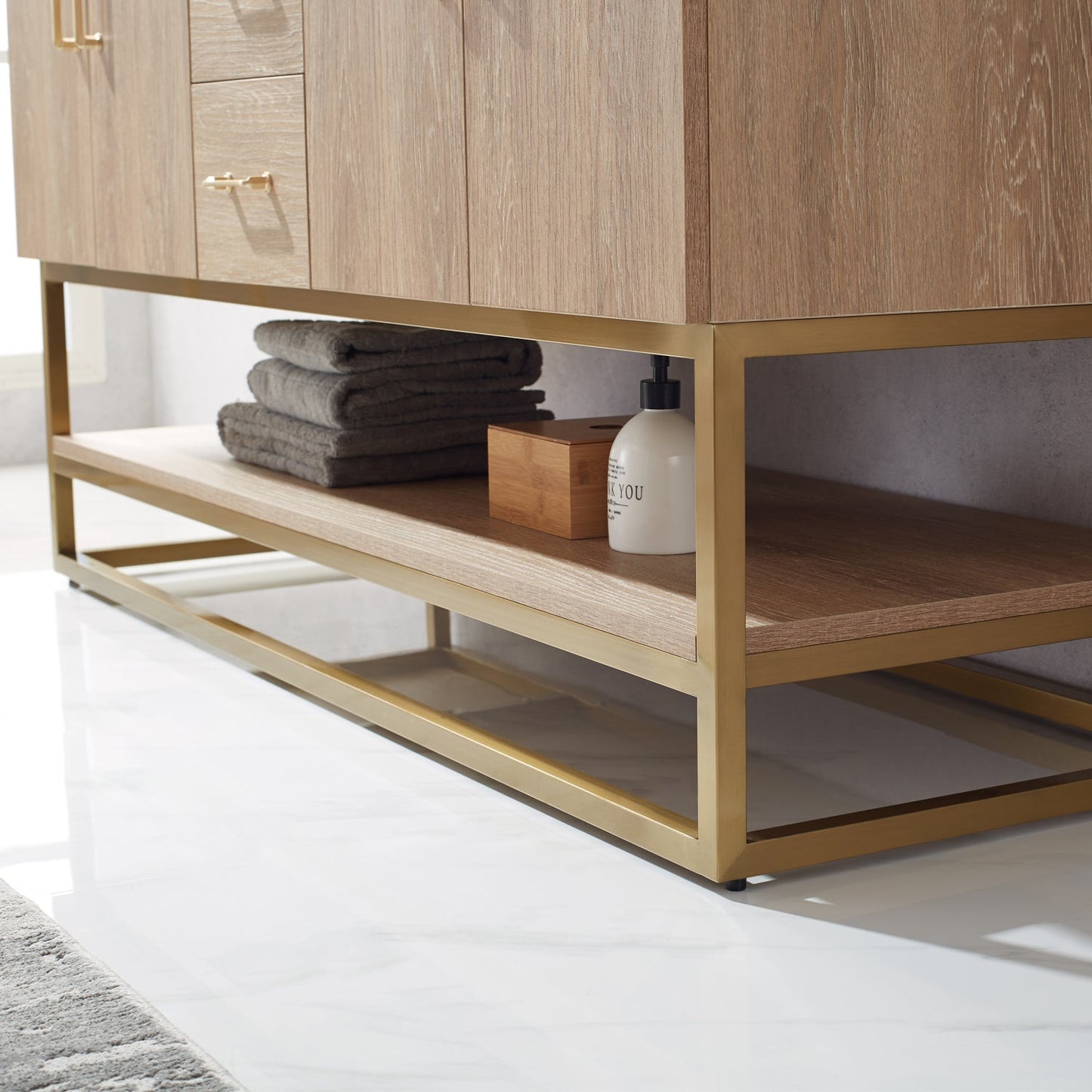 Alistair 60" Double Vanity in North American Oak | Brushed Gold