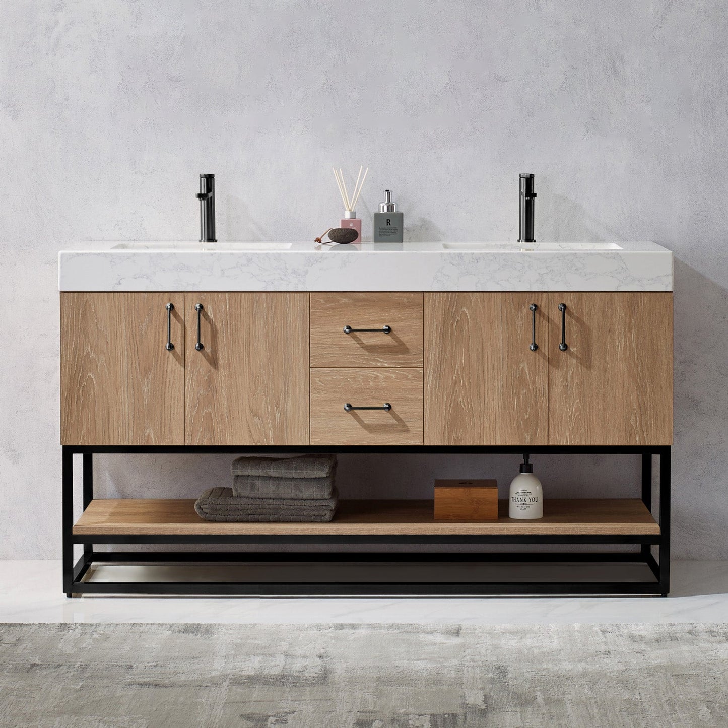 Alistair 60B" Double Vanity in North American Oak | Matte Black