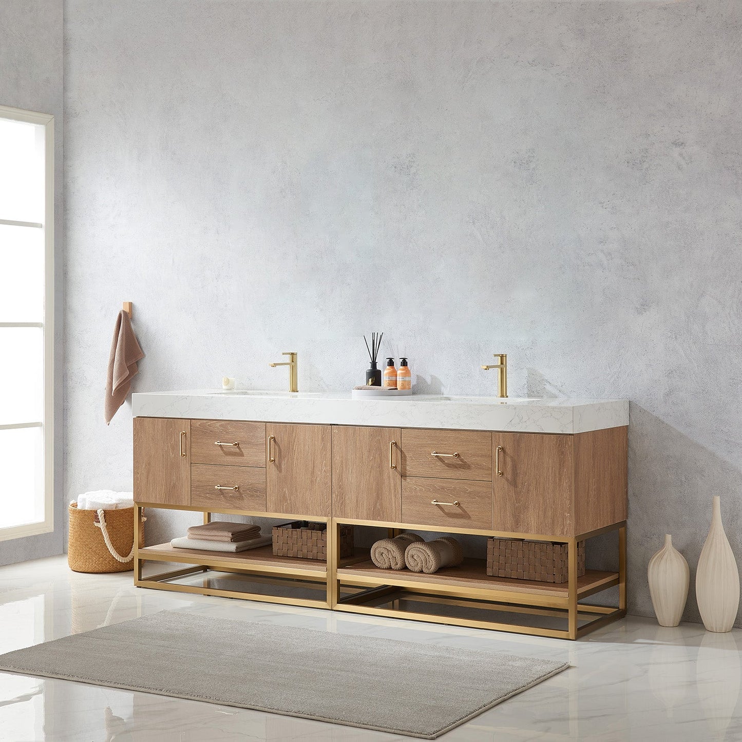 Alistair 84" Double Vanity in North American Oak | Brushed Gold