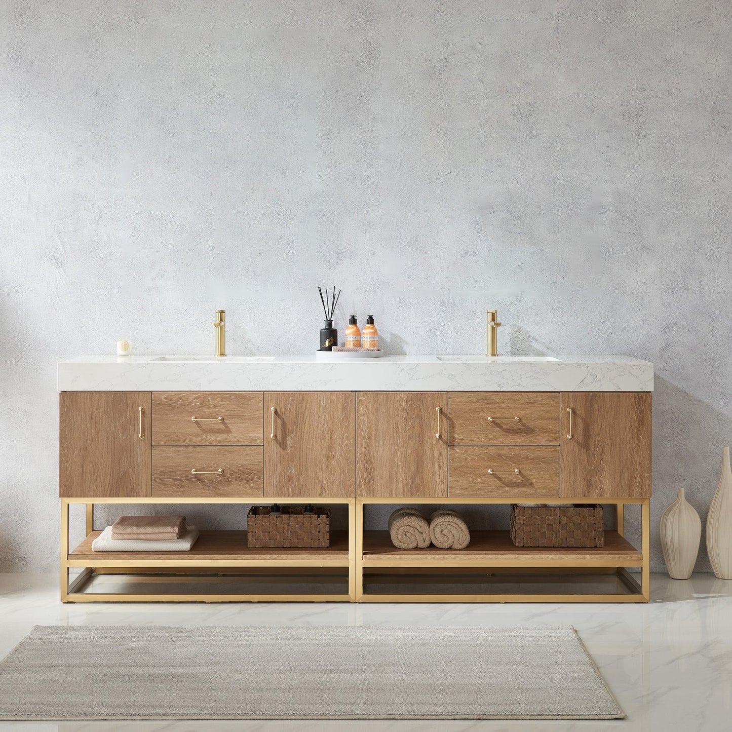 Alistair 84" Double Vanity in North American Oak | Brushed Gold