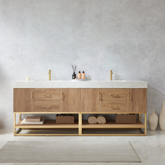 Alistair 84" Double Vanity in North American Oak | Brushed Gold