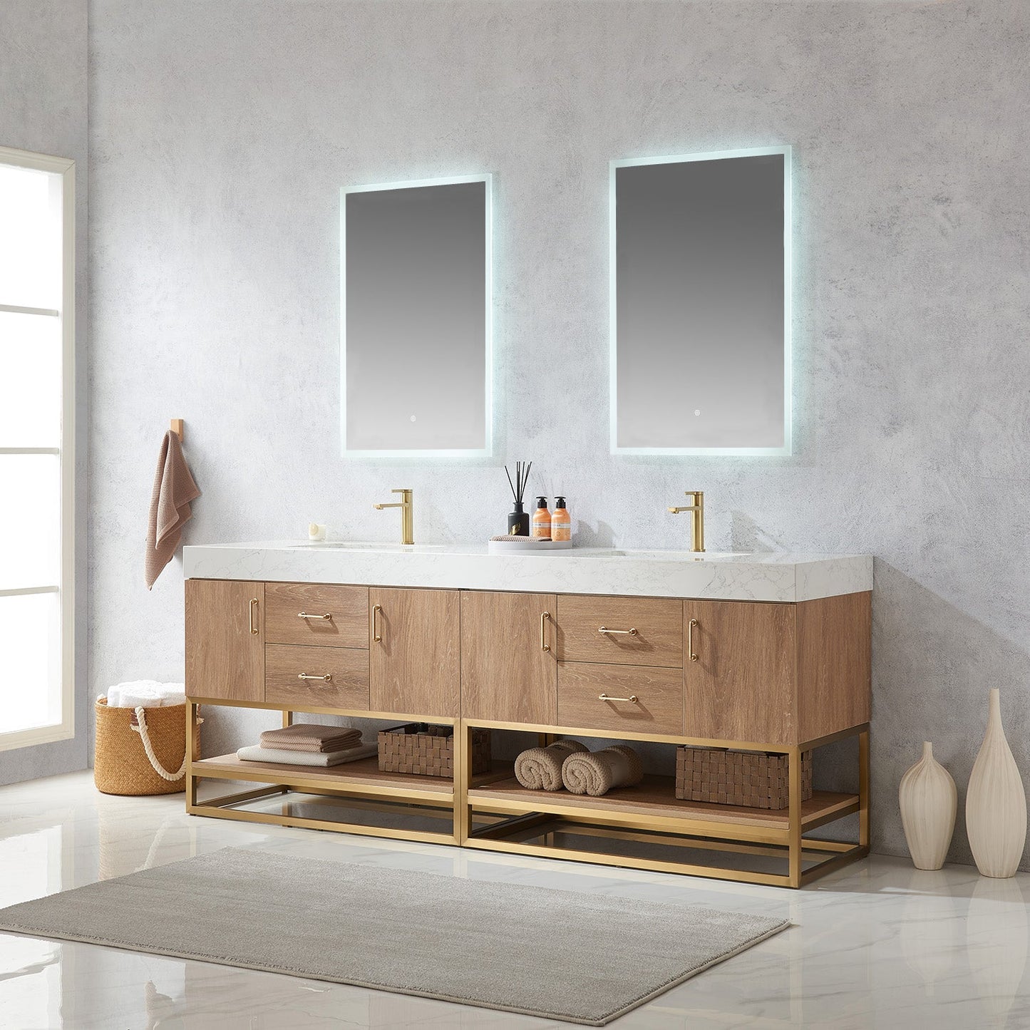Alistair 84" Double Vanity in North American Oak | Brushed Gold