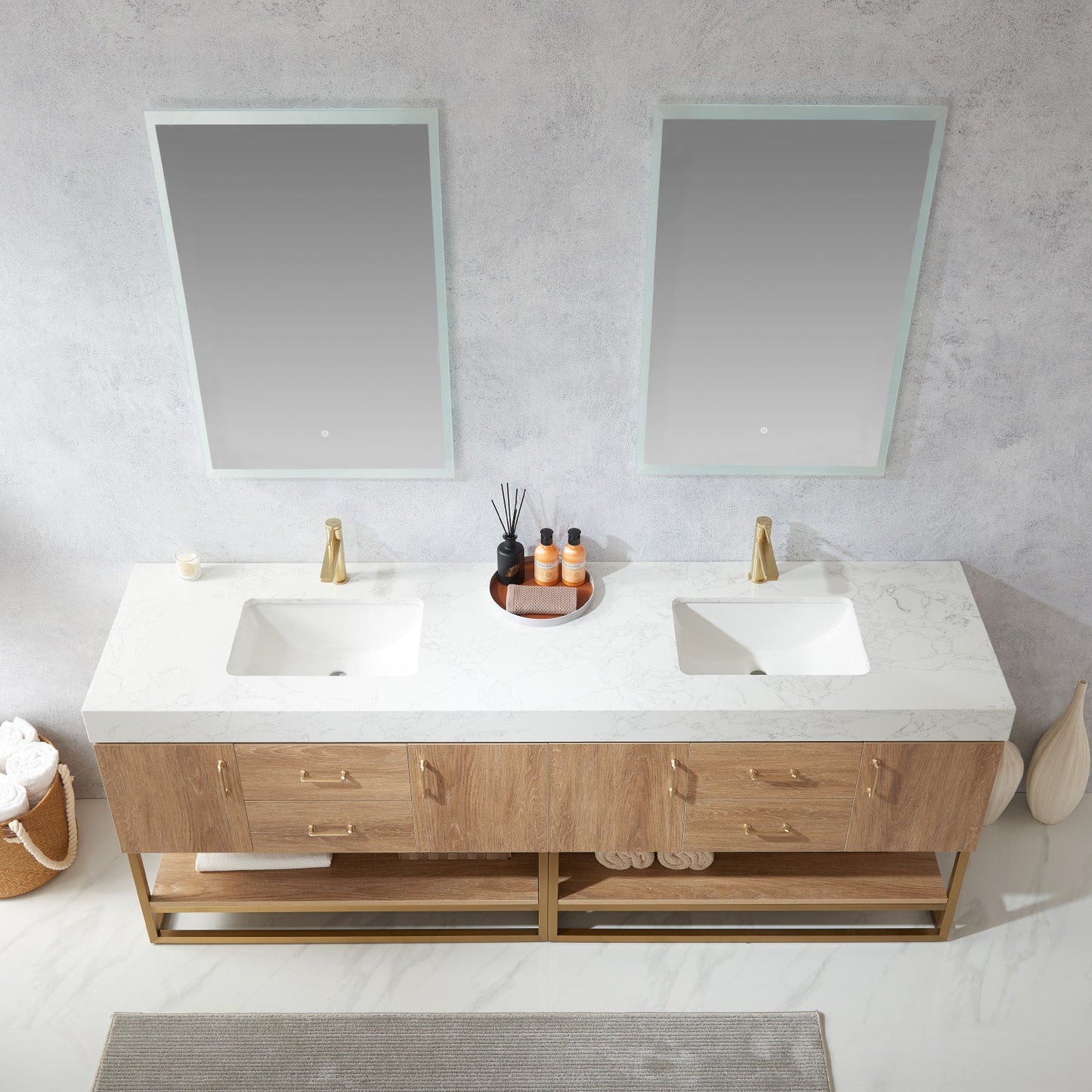 Alistair 84" Double Vanity in North American Oak | Brushed Gold
