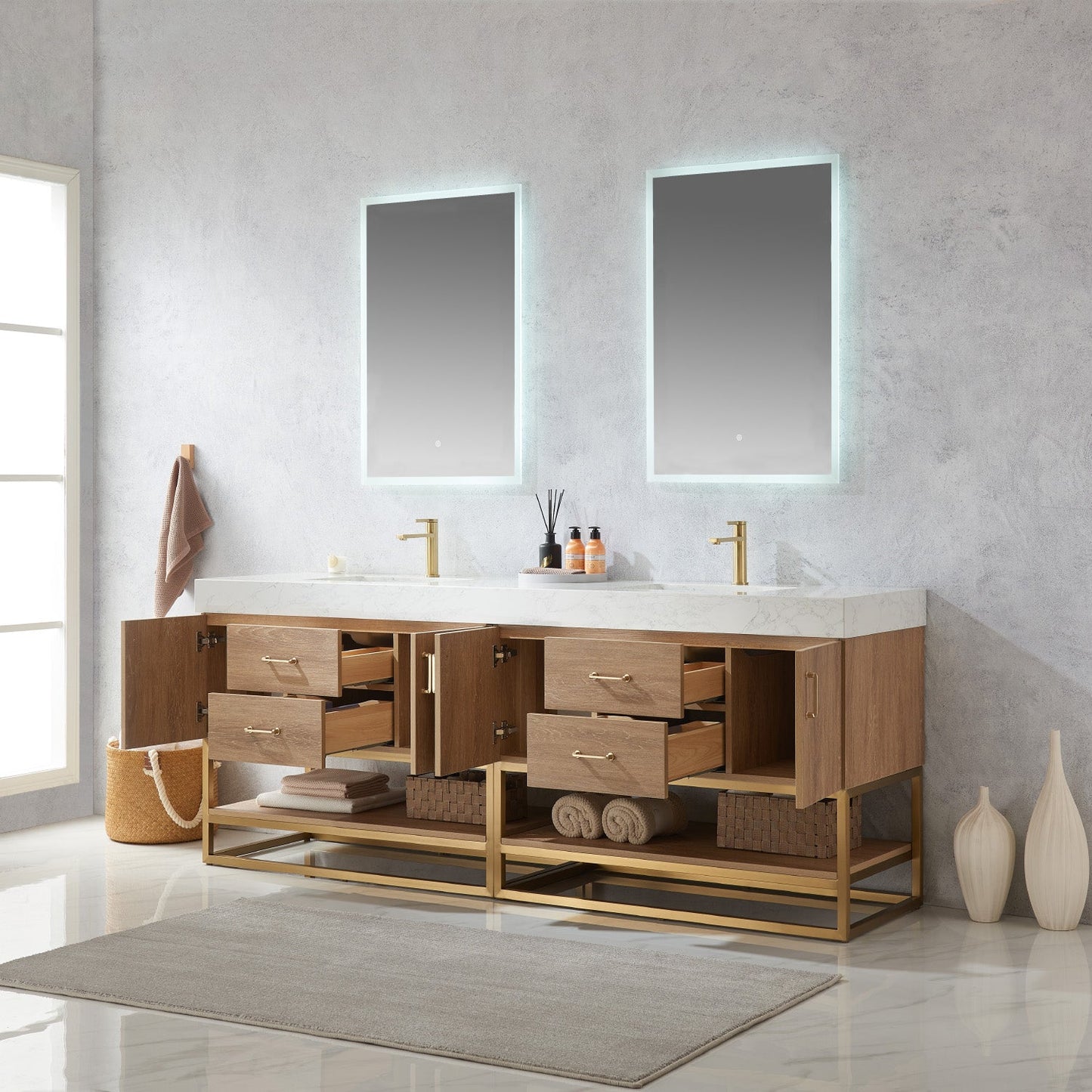 Alistair 84" Double Vanity in North American Oak | Brushed Gold