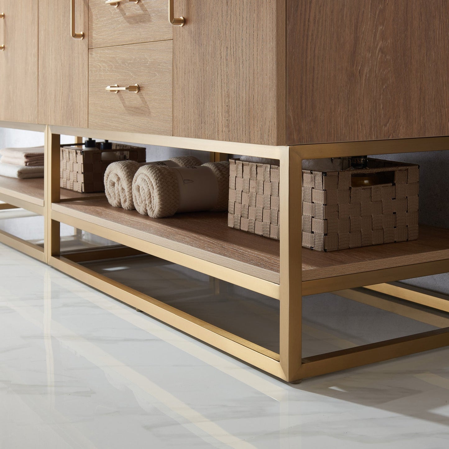Alistair 84" Double Vanity in North American Oak | Brushed Gold