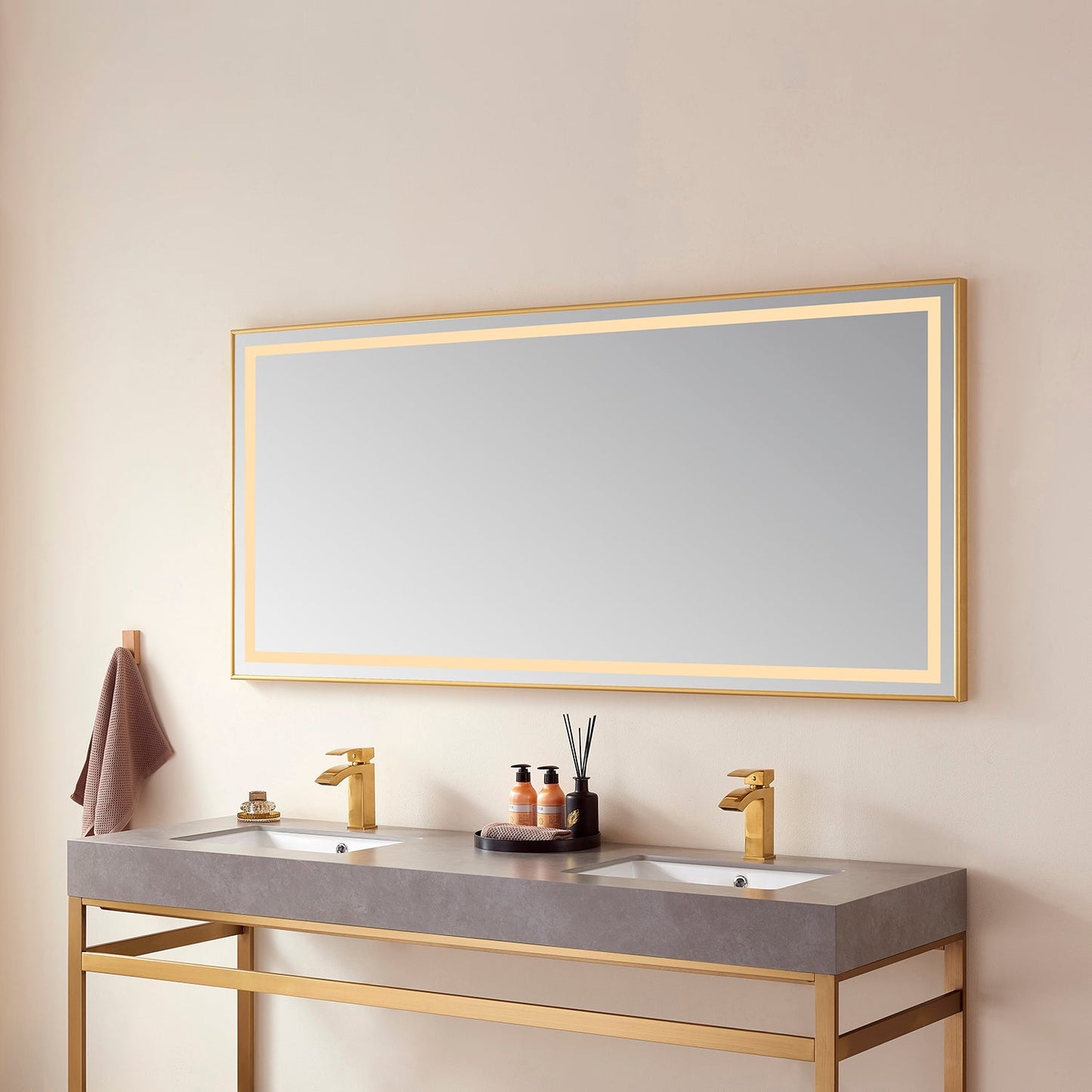 Teruel 72" Rectangular Aluminum Framed LED Wall Mount Bathroom Vanity Mirror in Gold