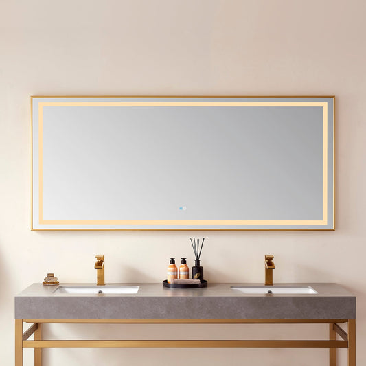 Teruel 72" Rectangular Aluminum Framed LED Wall Mount Bathroom Vanity Mirror in Gold