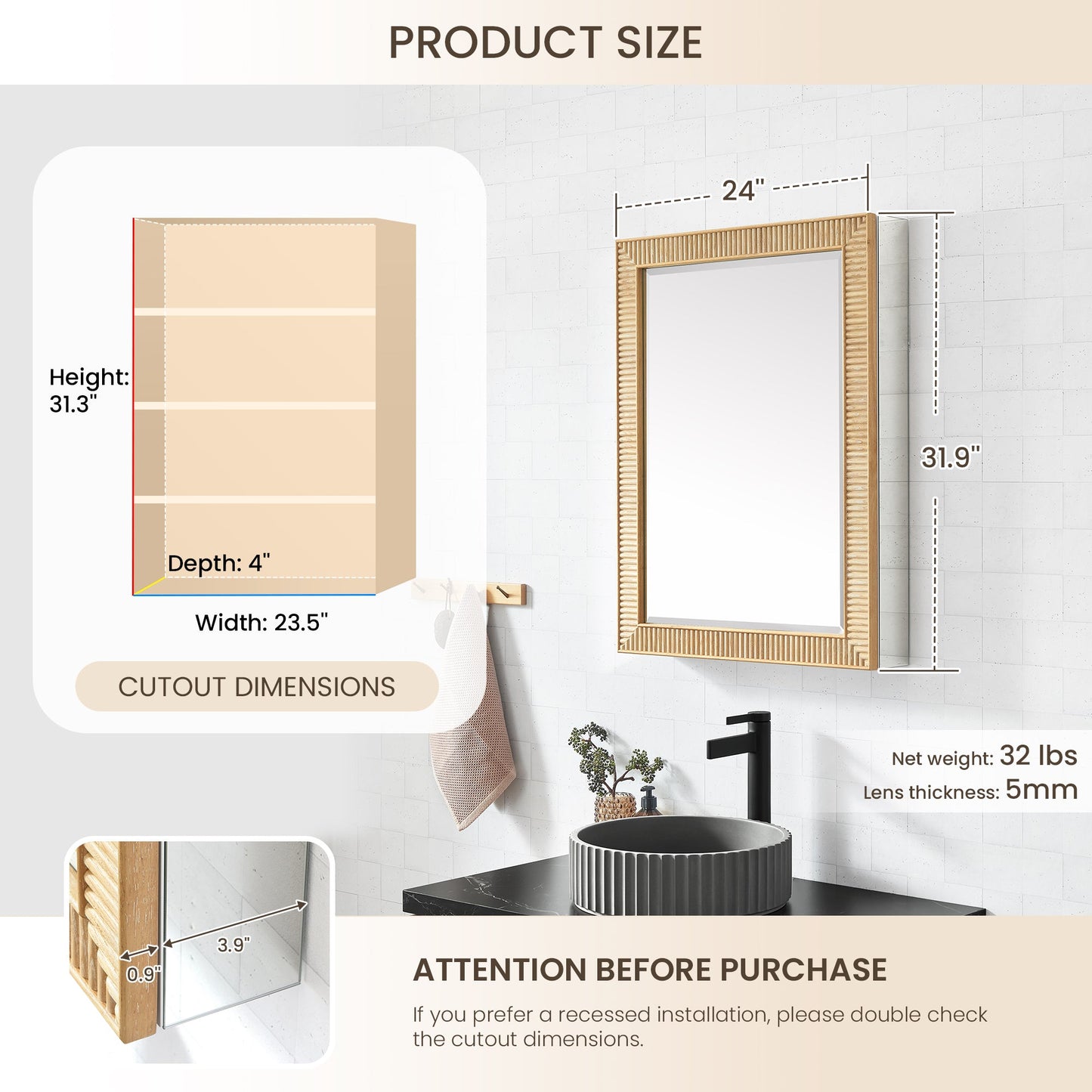Bangalore 24" W x 31.9" H Rectangular Wood Framed Medicine Cabinet in Washed Ash Grey