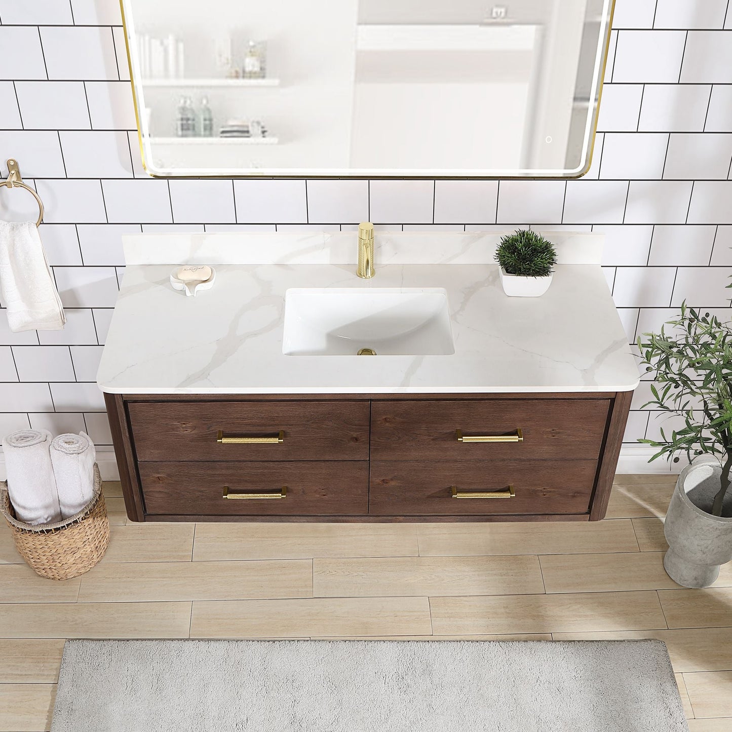 Cristo 55" Floating Single Bath Vanity in Aged Dark Brown Oak with Fish Maw White Quartz Stone Top