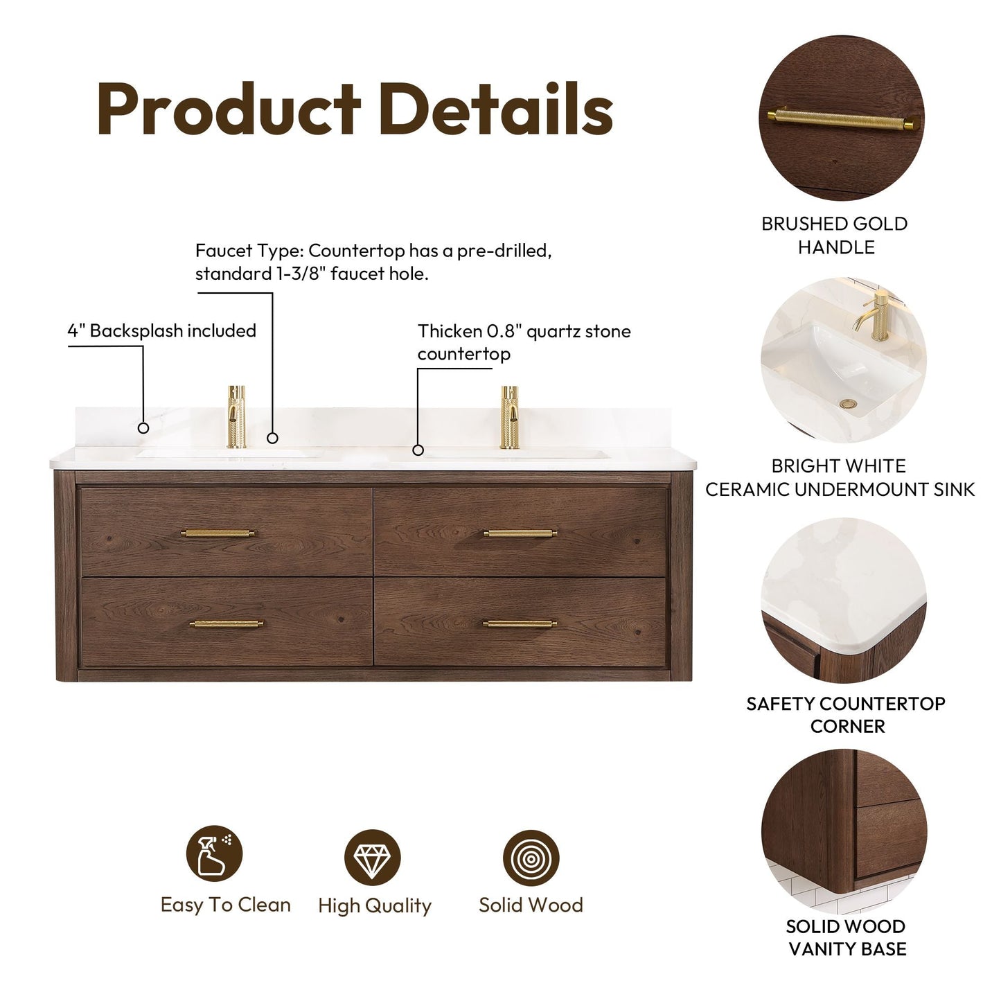 Cristo 60M" Floating Double Bath Vanity in Aged Dark Brown Oak with Fish Maw White Quartz Stone Top