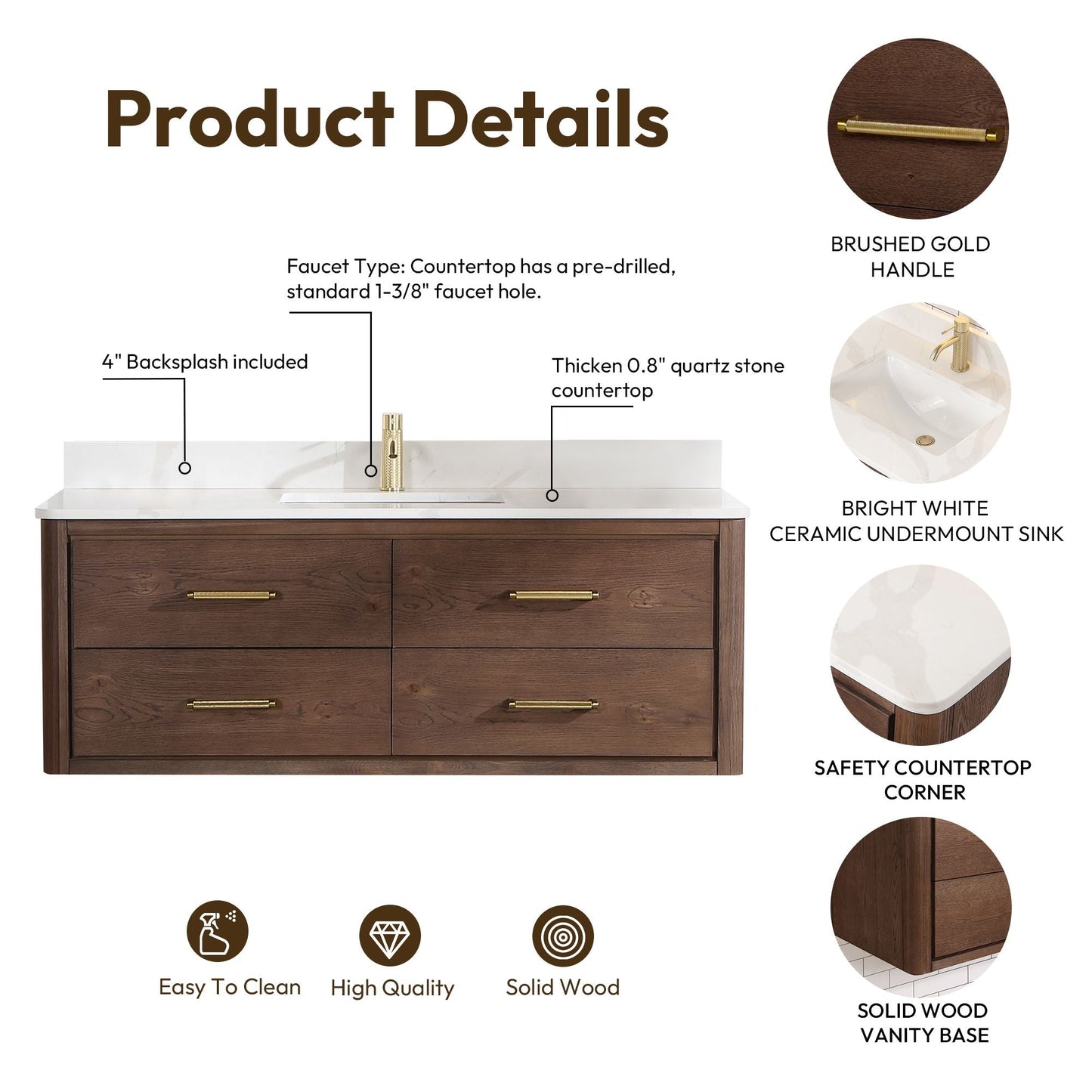 Cristo 55" Floating Single Bath Vanity in Aged Dark Brown Oak with Fish Maw White Quartz Stone Top
