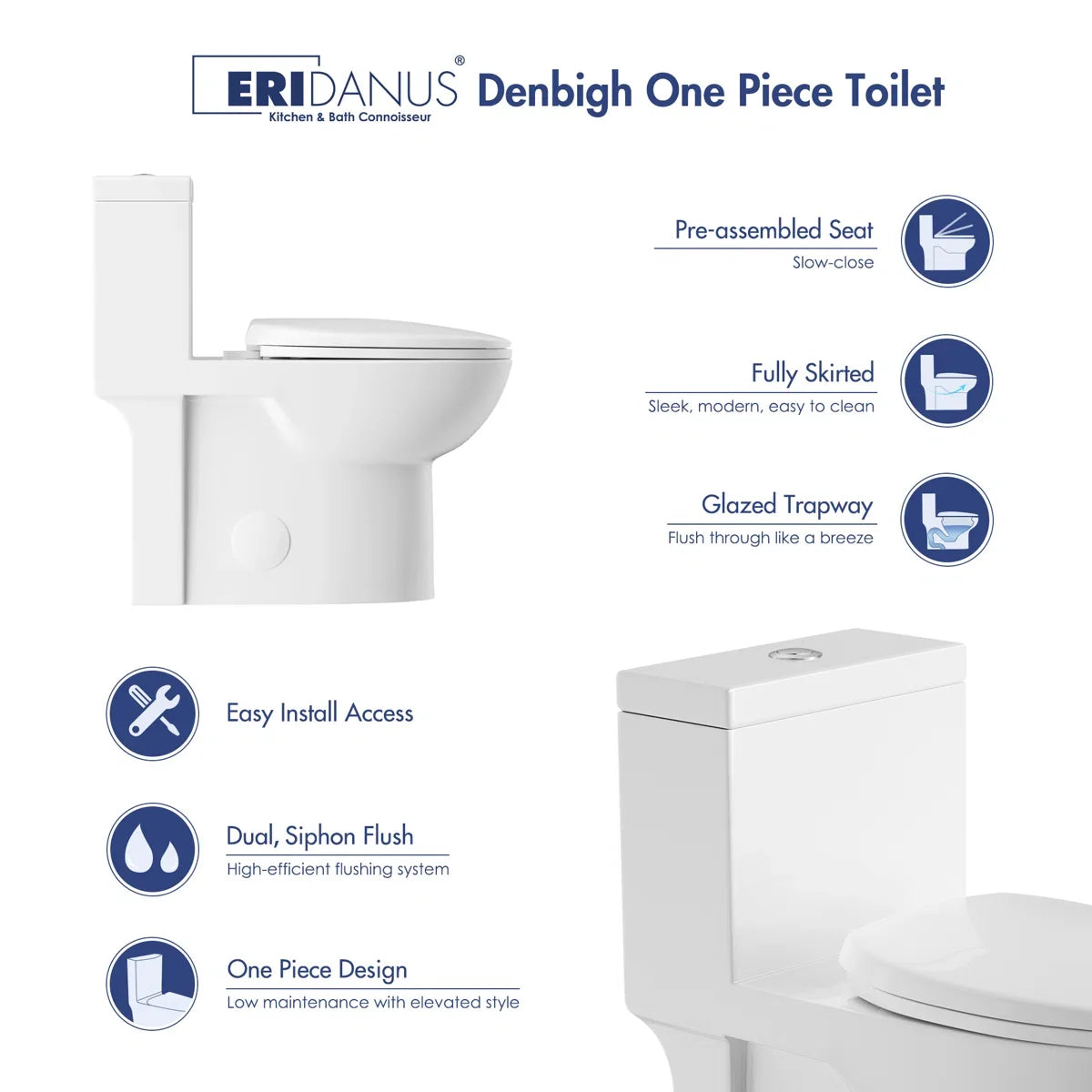 Denbigh One-Piece Toilet – Dual or Single Flush, Comfort Height