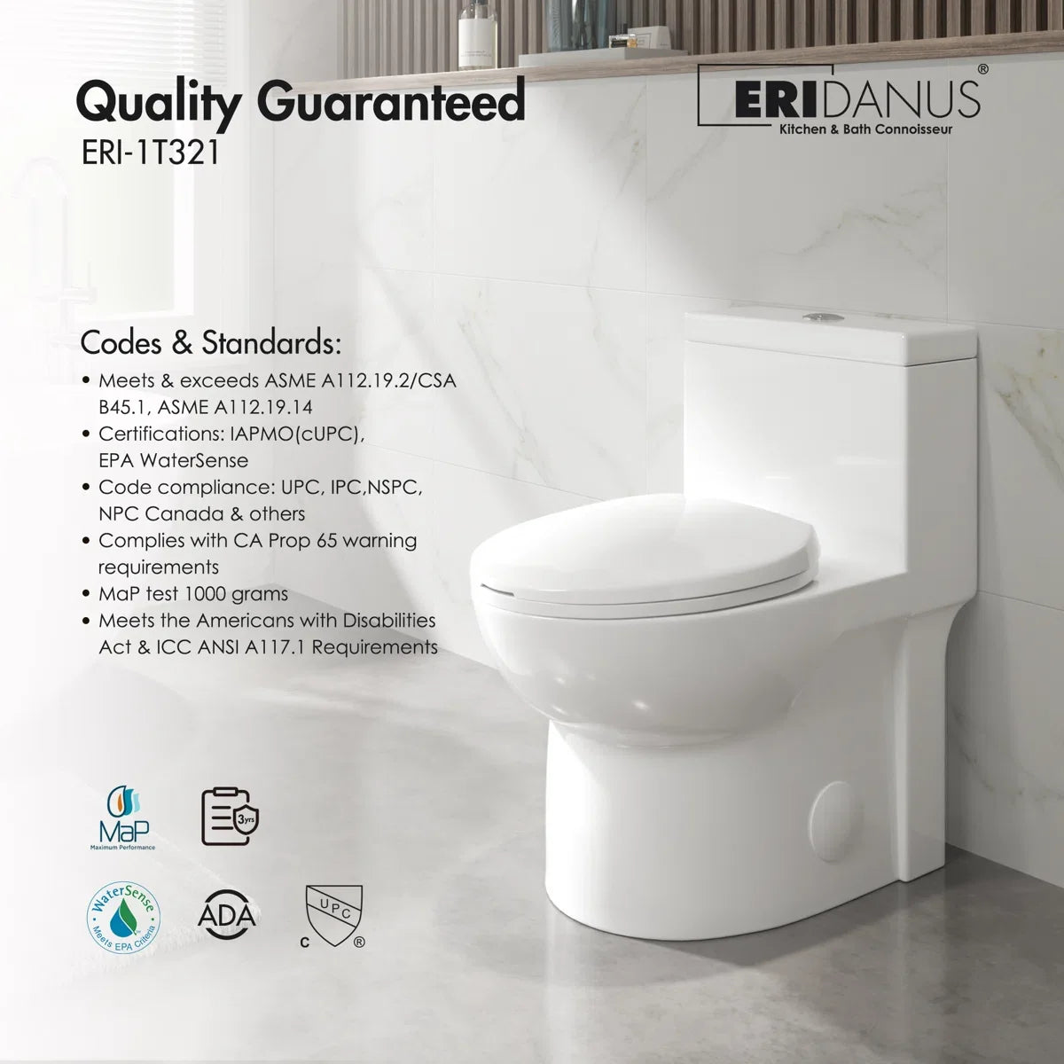 Denbigh One-Piece Toilet – Dual or Single Flush, Comfort Height