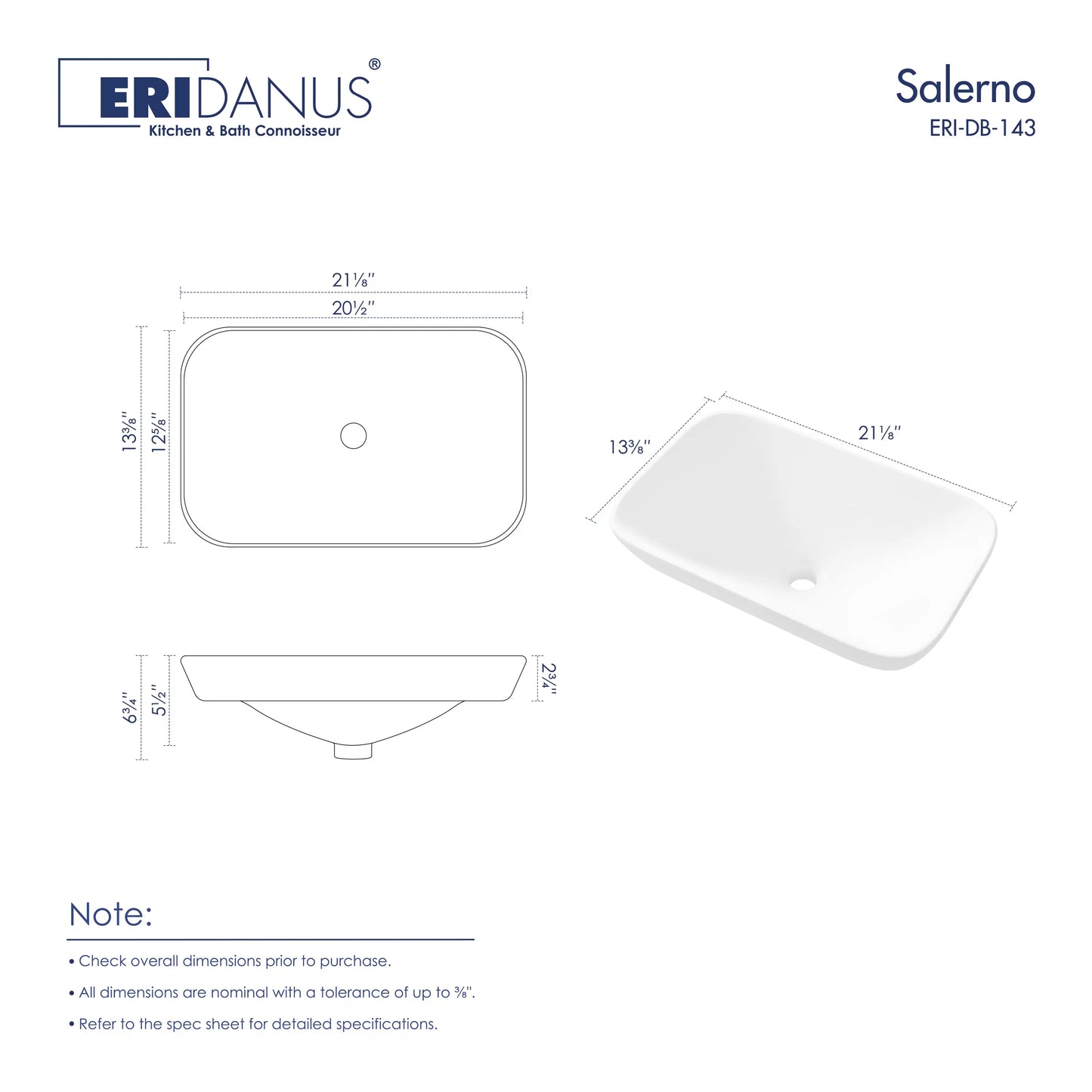 Salerno 21" x 13" Rectangular Semi-Recessed Vitreous China Vessel Bathroom Sink in White