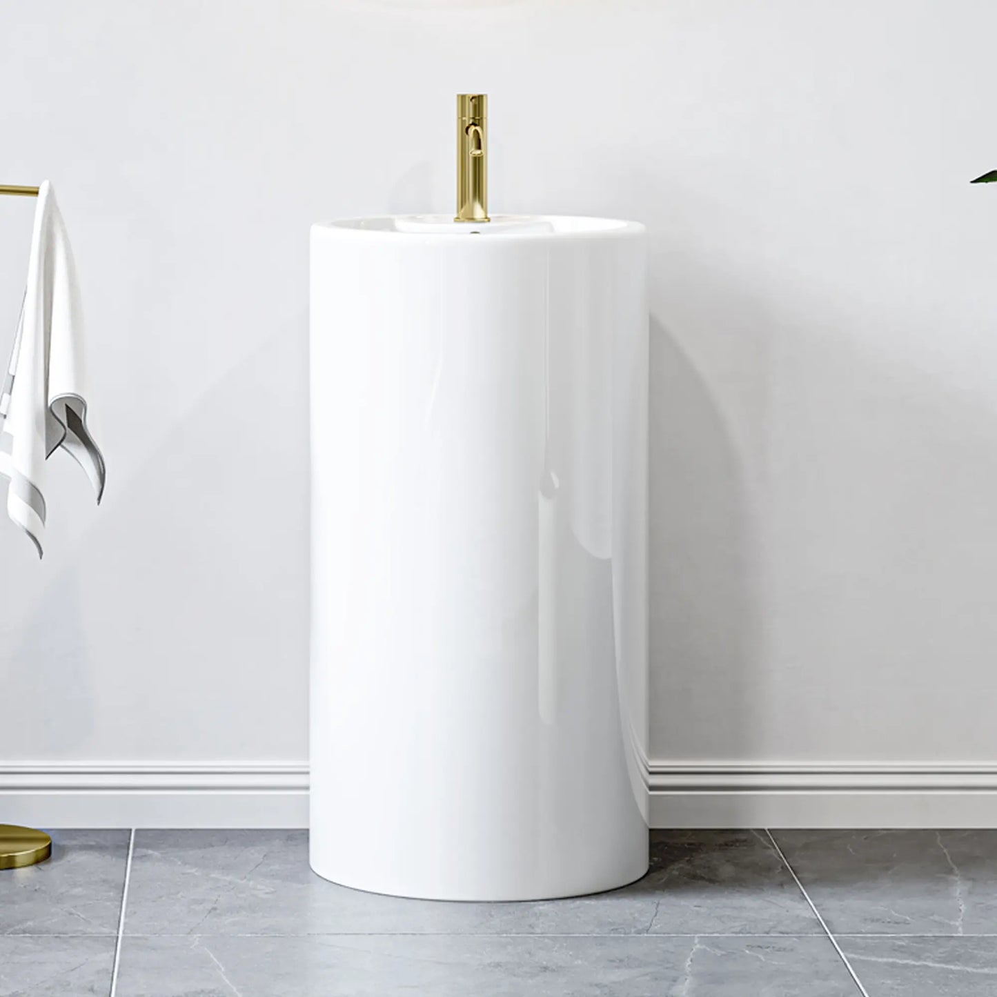 Denbigh 33.5" H Crisp White Ceramic Circular Freestanding Pedestal Bathroom Sink with Overflow
