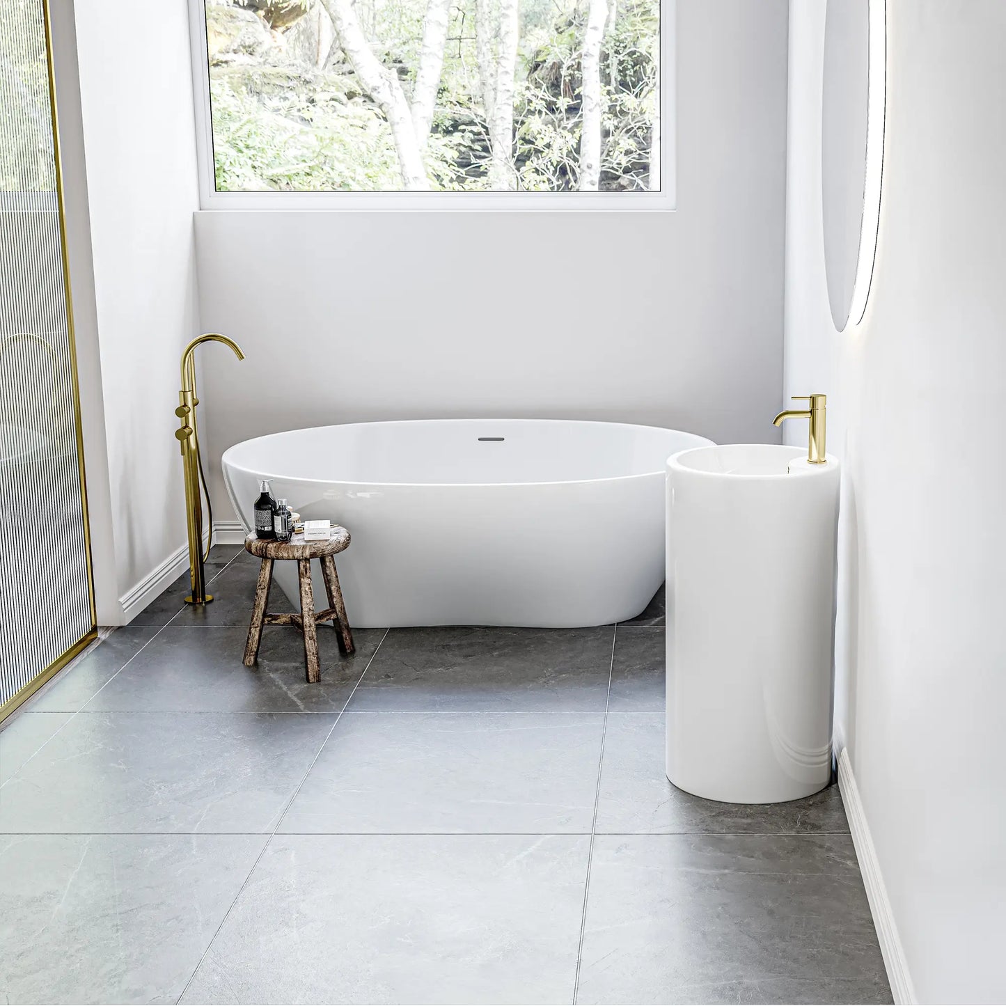Denbigh 33.5" H Crisp White Ceramic Circular Freestanding Pedestal Bathroom Sink with Overflow