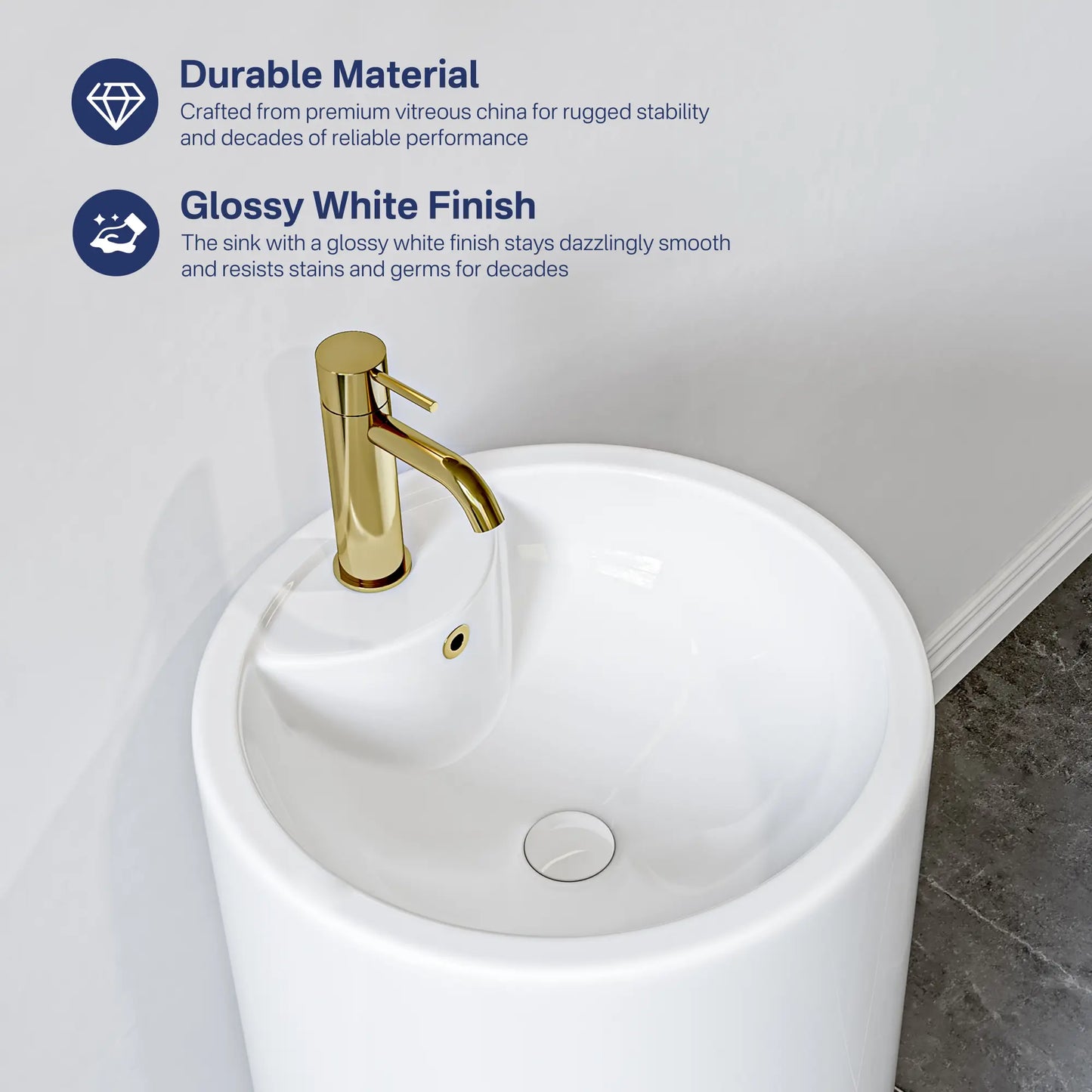 Denbigh 33.5" H Crisp White Ceramic Circular Freestanding Pedestal Bathroom Sink with Overflow