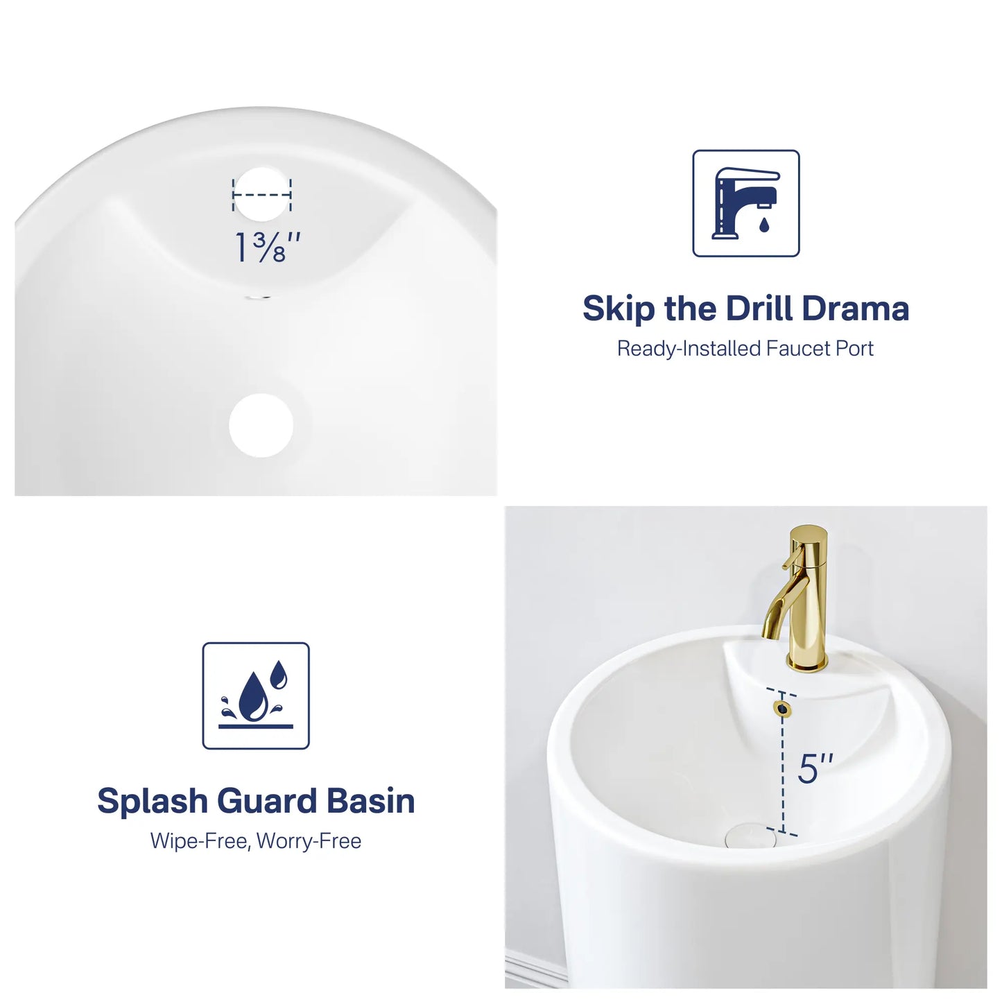 Denbigh 33.5" H Crisp White Ceramic Circular Freestanding Pedestal Bathroom Sink with Overflow