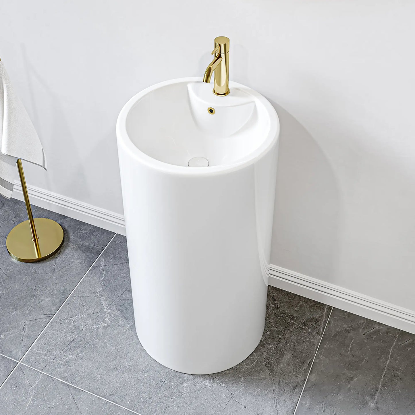 Denbigh 33.5" H Crisp White Ceramic Circular Freestanding Pedestal Bathroom Sink with Overflow