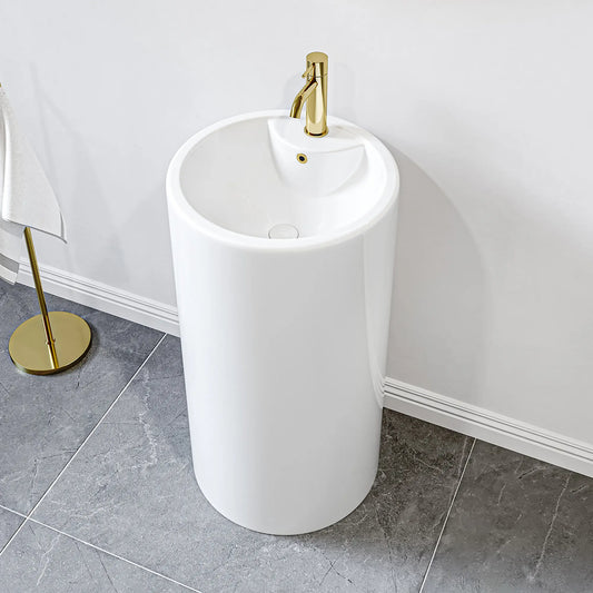Denbigh 33.5" H Crisp White Ceramic Circular Freestanding Pedestal Bathroom Sink with Overflow