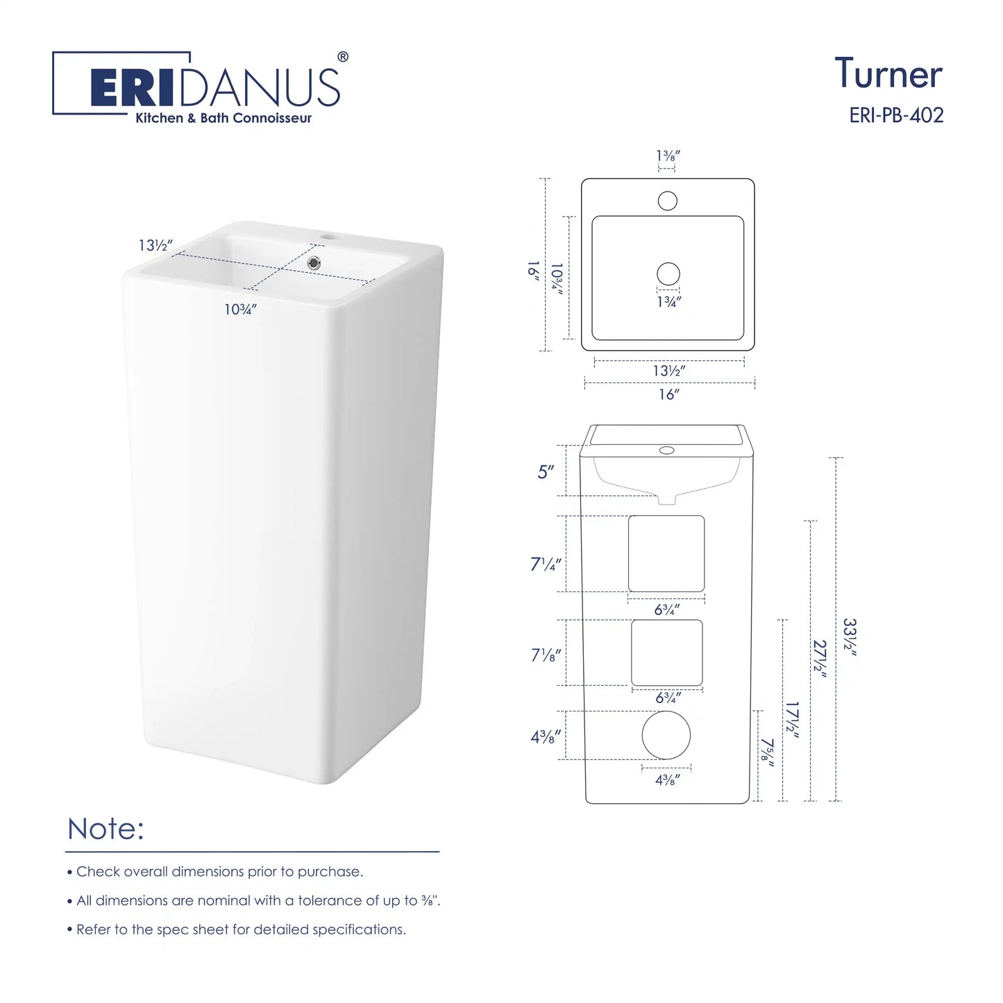 Turner 33" H White Square Freestanding Pedestal Sink