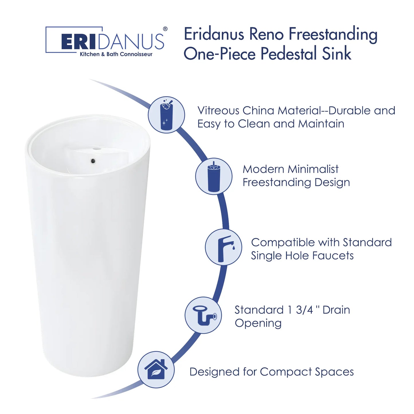 Reno 38" H Vitreous China Circular One-Piece Freestanding Pedestal Bathroom Sink with Overflow