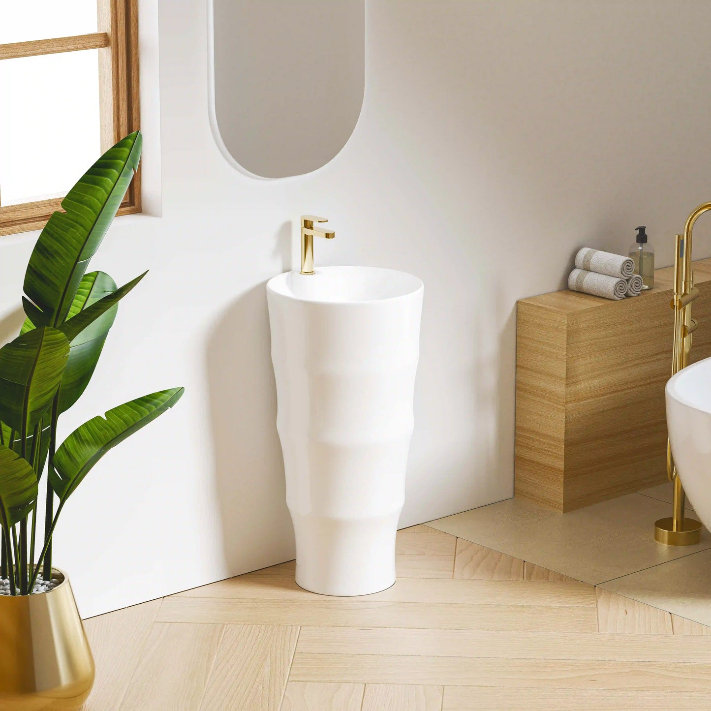 Brooklyn 32" H Crisp White Ceramic Circular Freestanding Pedestal Bathroom Sink