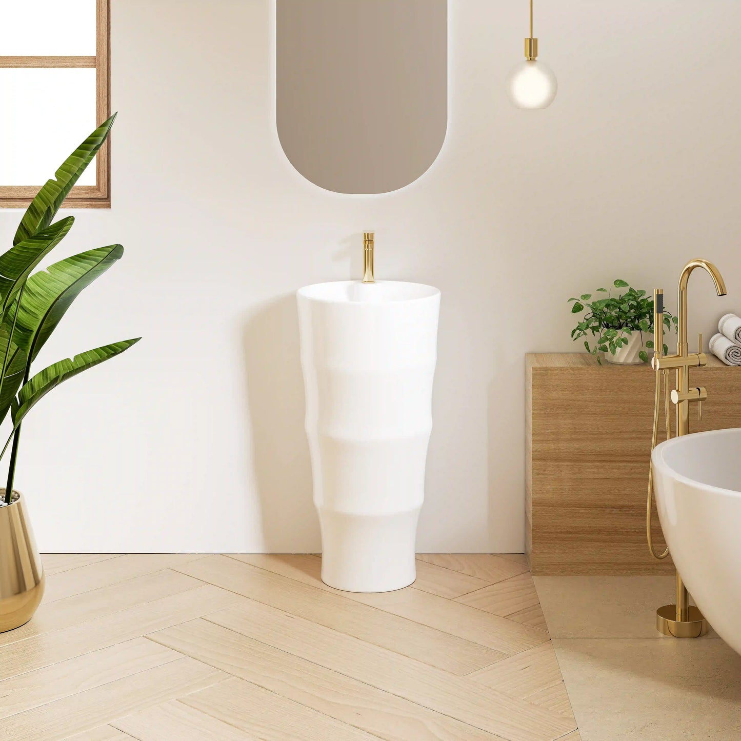 Brooklyn 32" H Crisp White Ceramic Circular Freestanding Pedestal Bathroom Sink