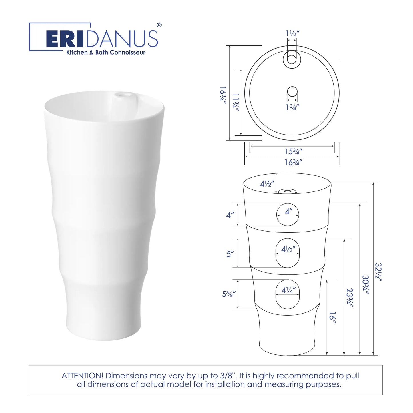 Brooklyn 32" H Crisp White Ceramic Circular Freestanding Pedestal Bathroom Sink