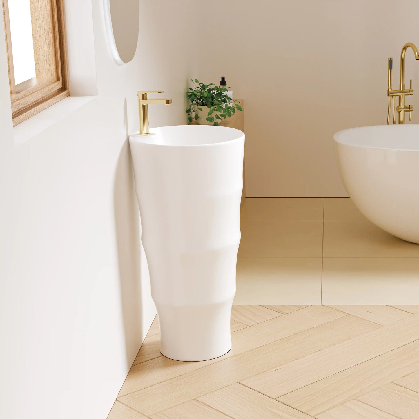 Brooklyn 32" H Crisp White Ceramic Circular Freestanding Pedestal Bathroom Sink