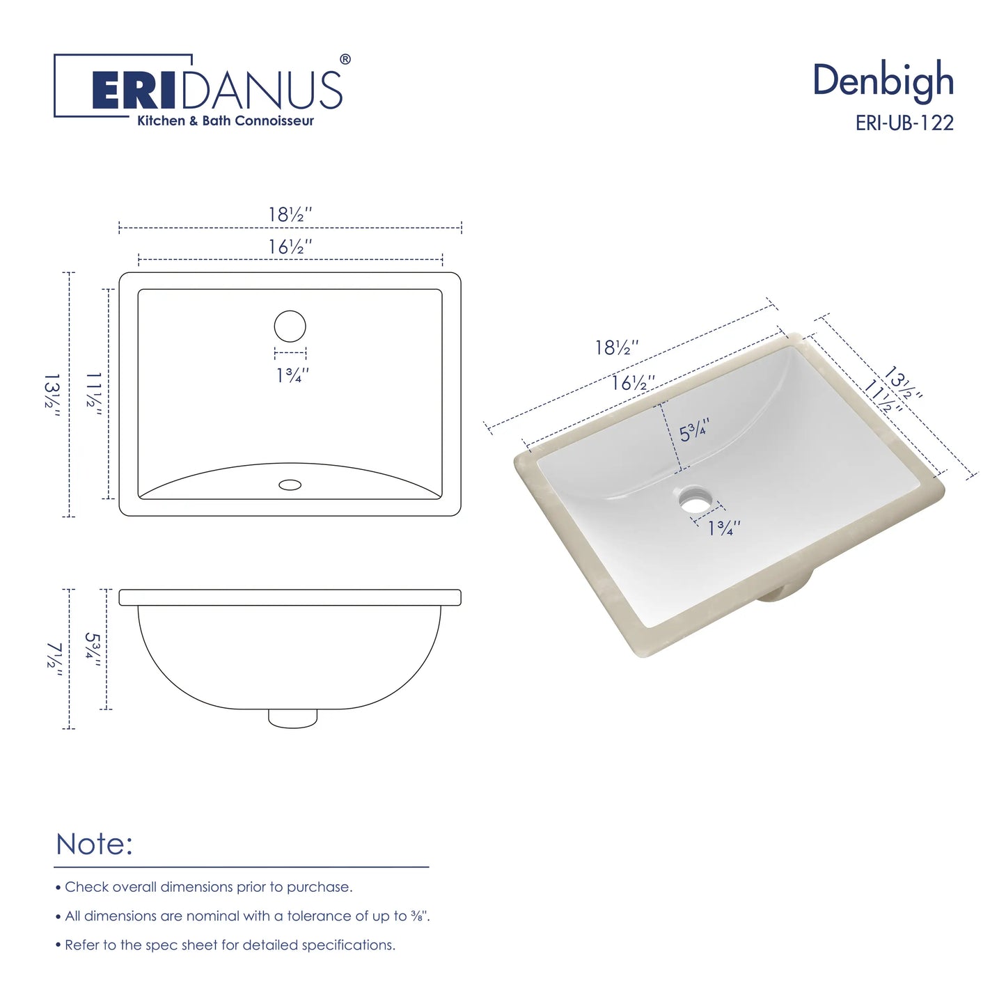 Denbigh 18" x 13" Rectangular Undermount Vitreous China Bathroom Sink in White with Overflow