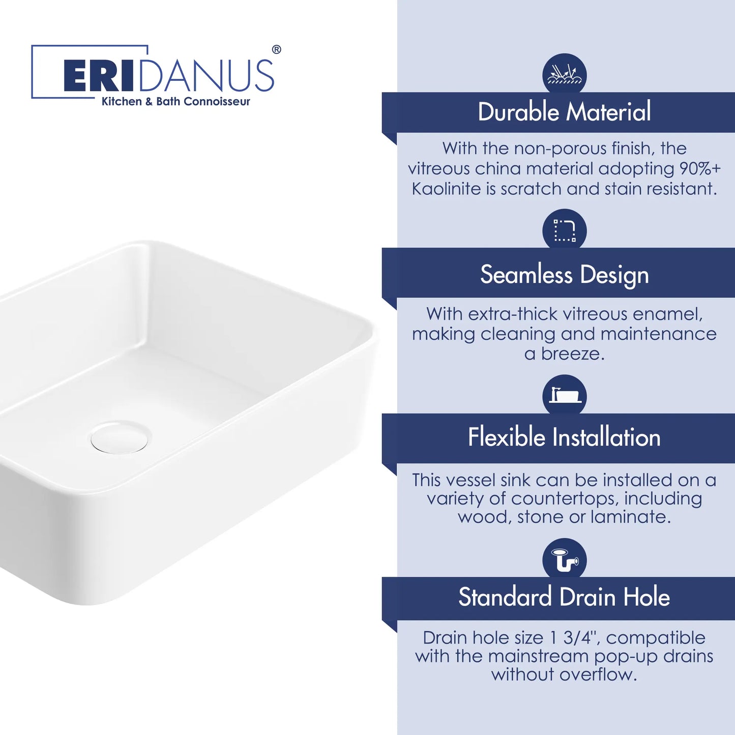 Denbigh 19" x 14'' White Vitreous China Rectangular Vessel Bathroom Sink