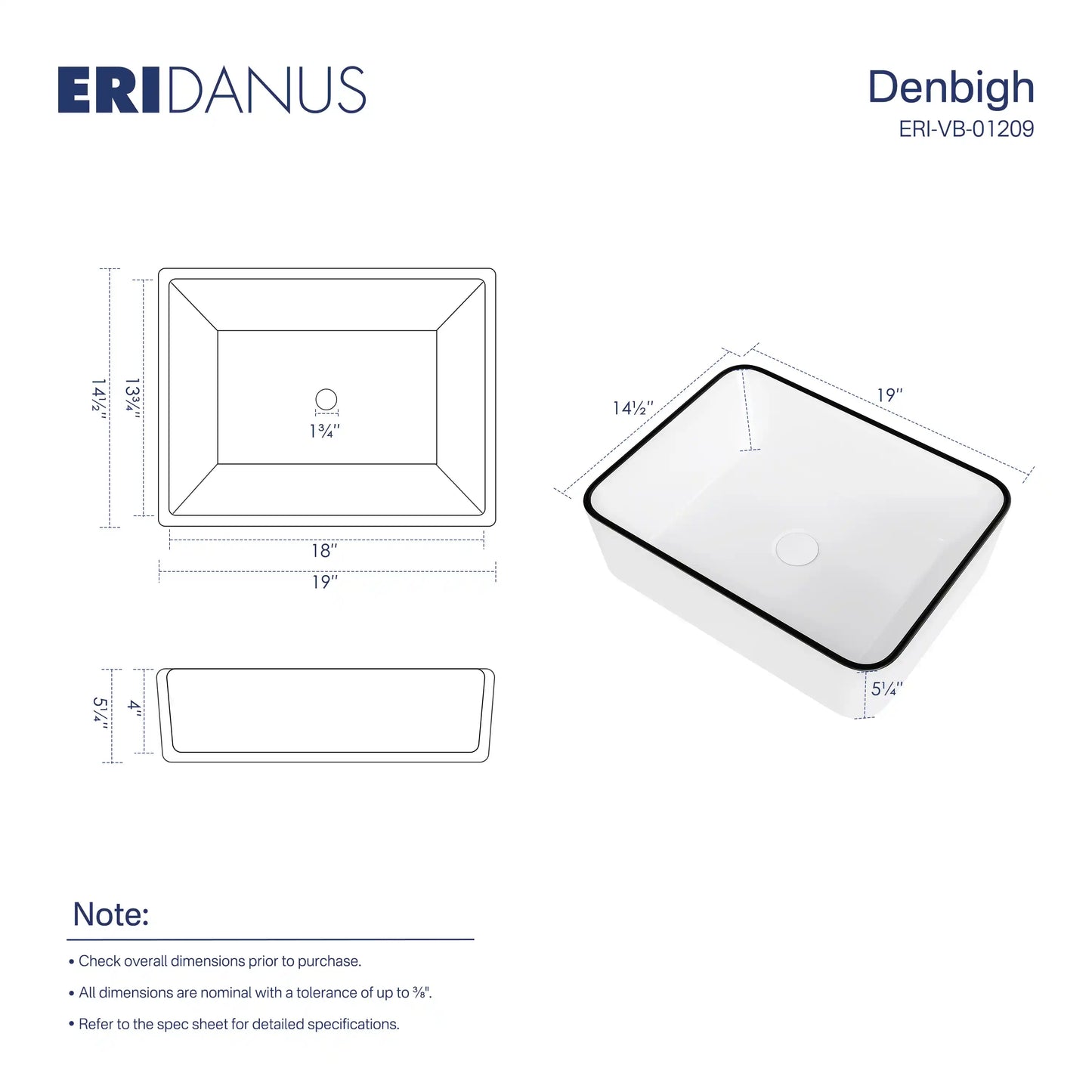 Denbigh 19" x 14'' White Vitreous China Rectangular Vessel Bathroom Sink