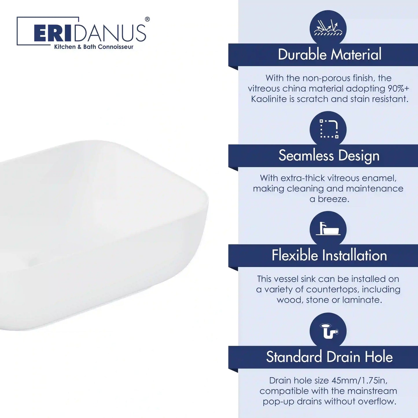 16" x 12" Rectangular White Ceramic Bathroom Vessel Sink