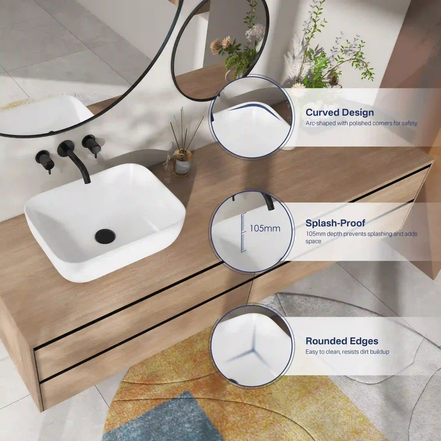 16" x 12" Rectangular White Ceramic Bathroom Vessel Sink