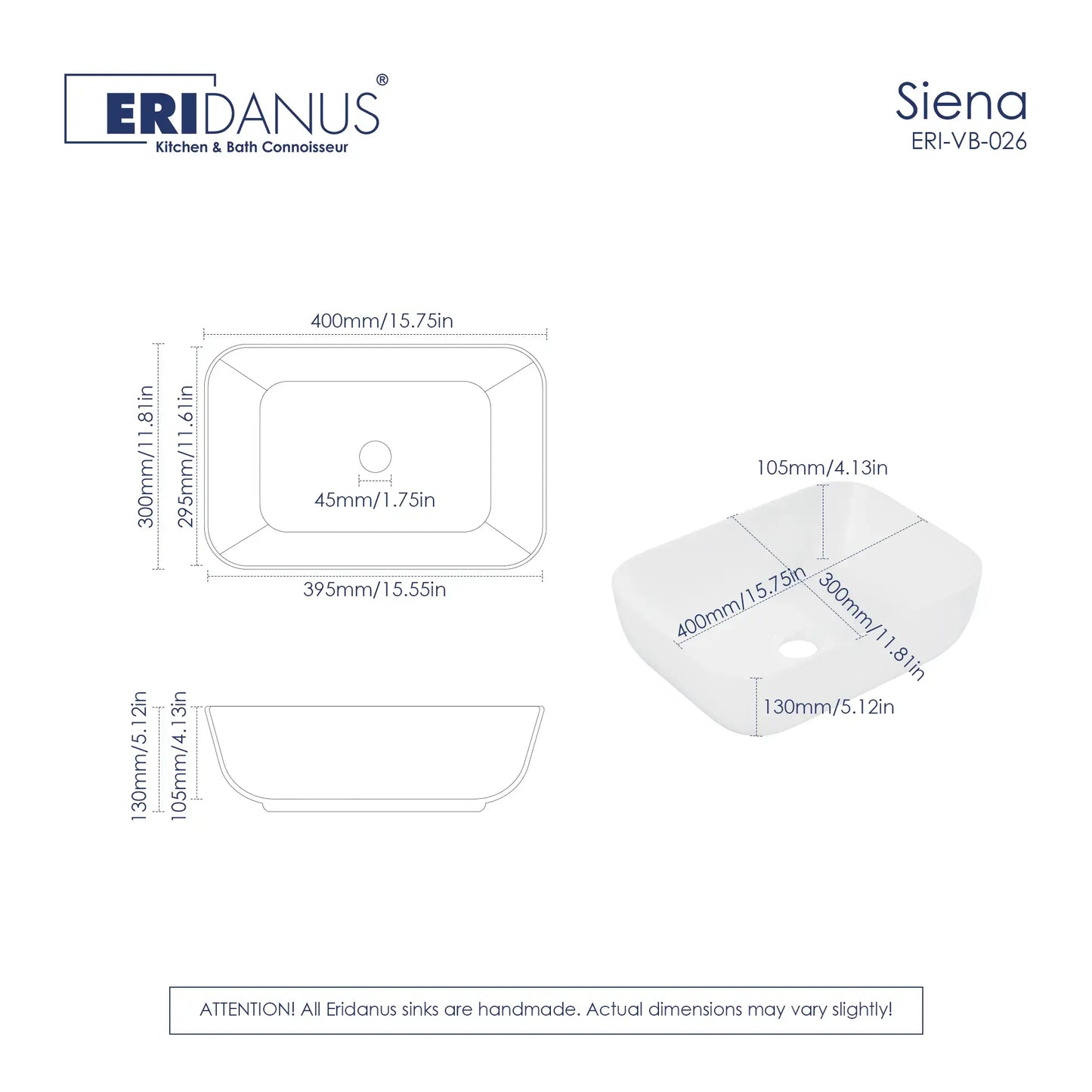 16" x 12" Rectangular White Ceramic Bathroom Vessel Sink