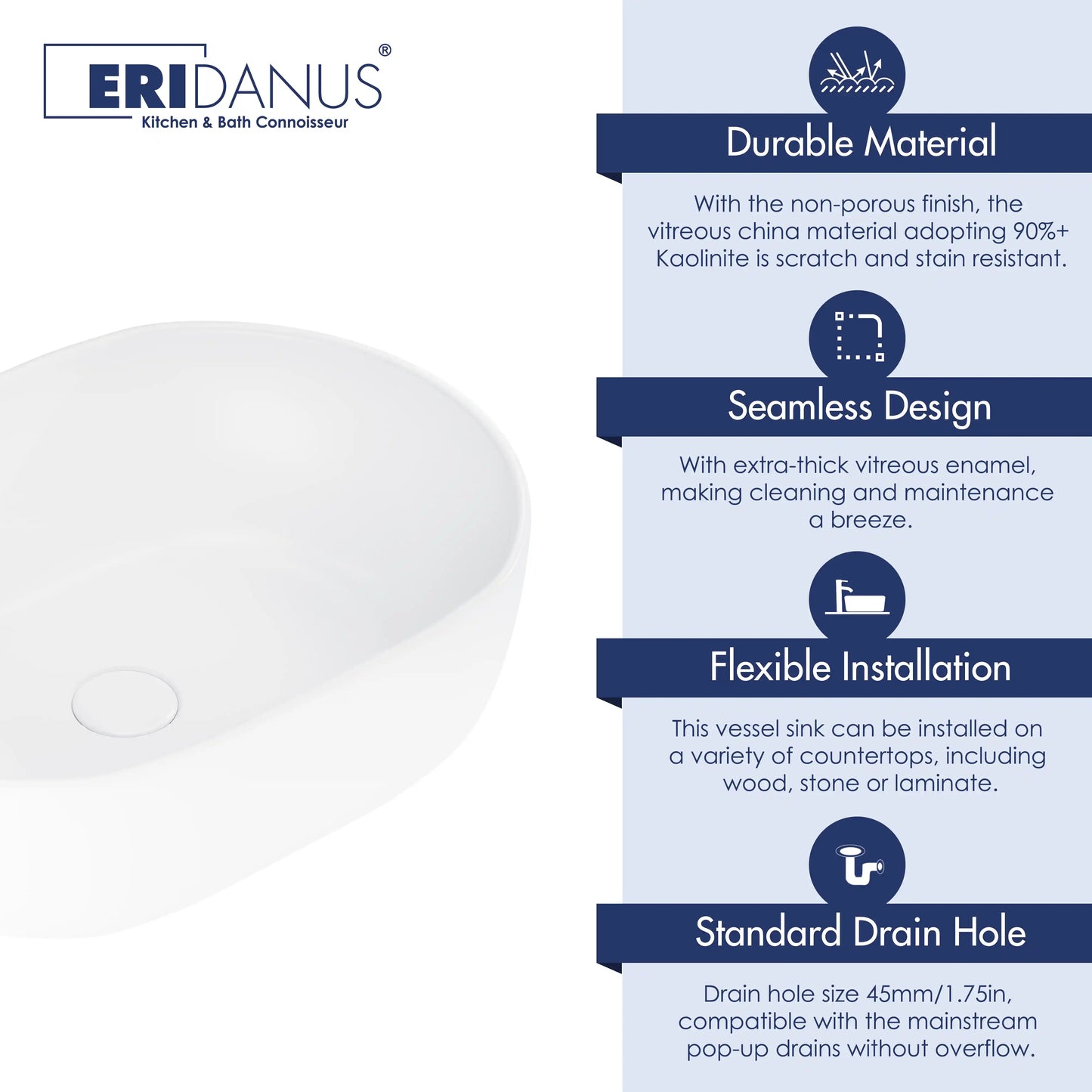 Salerno Oval Vessel White Porcelain Bathroom Sink Available in Multiple Sizes