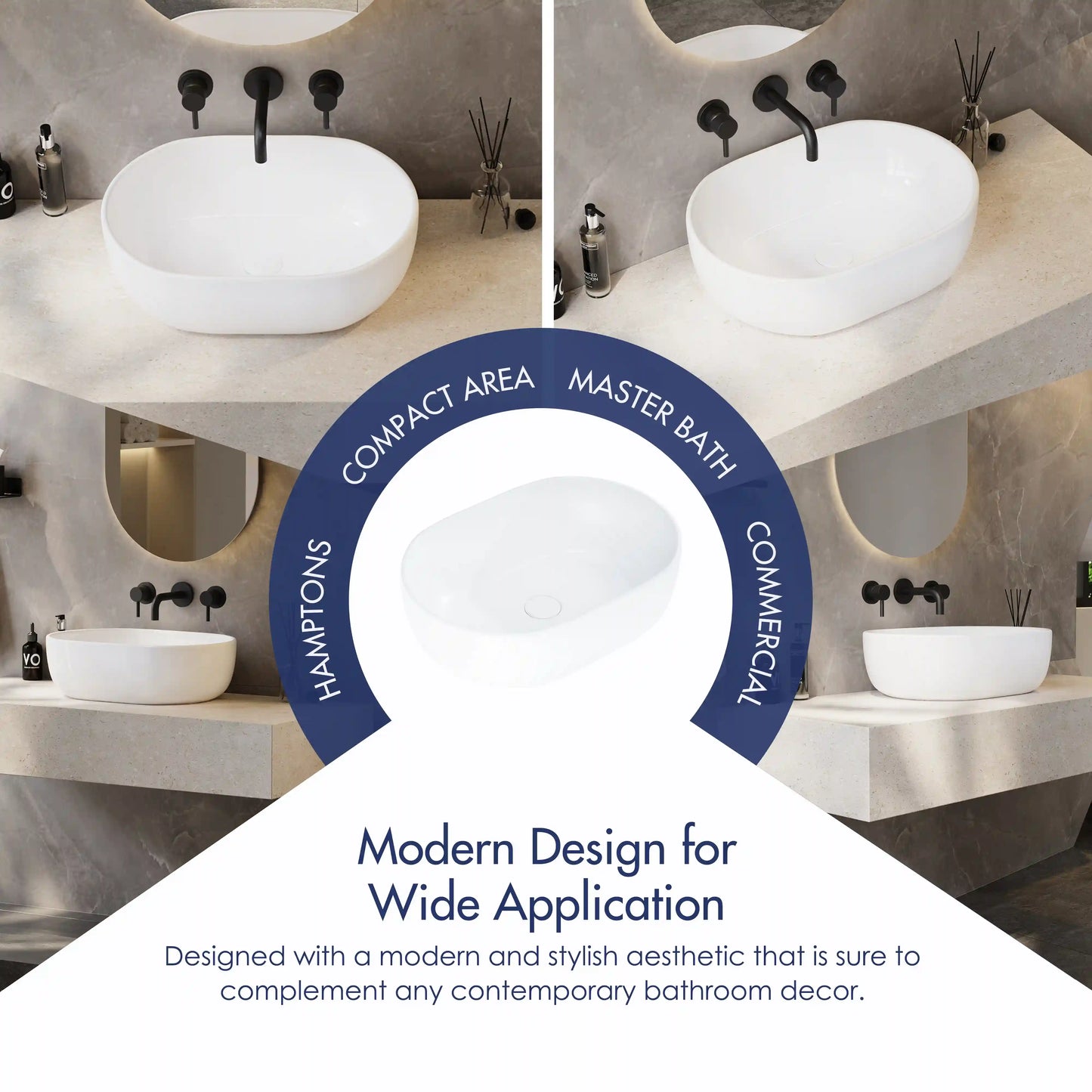Salerno Oval Vessel White Porcelain Bathroom Sink Available in Multiple Sizes