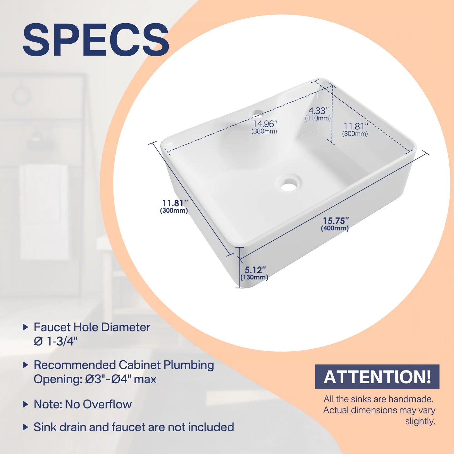16" x 12" Rectangular Vitreous China Vessel Bathroom Sink with Faucet Hole