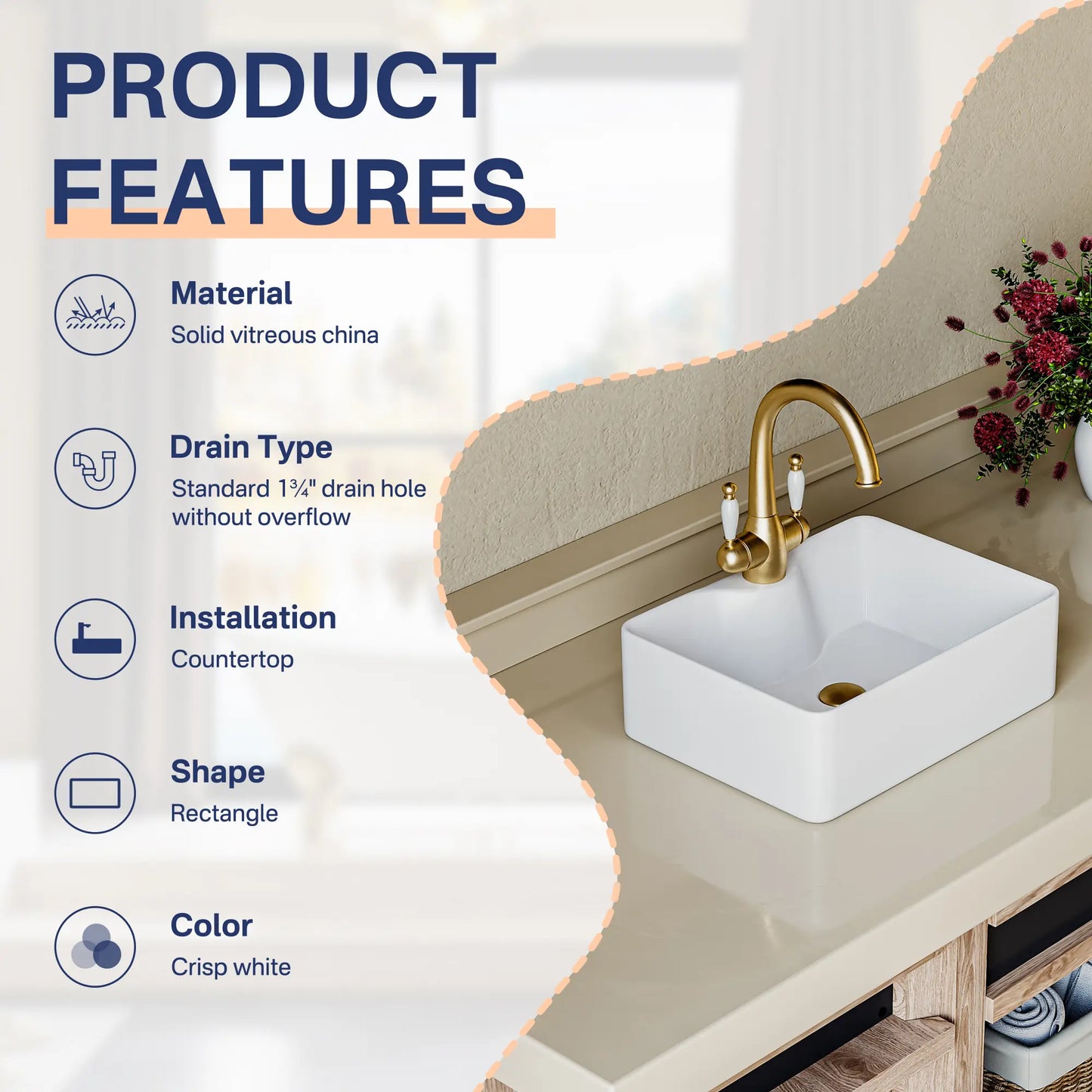 16" x 12" Rectangular Vitreous China Vessel Bathroom Sink with Faucet Hole