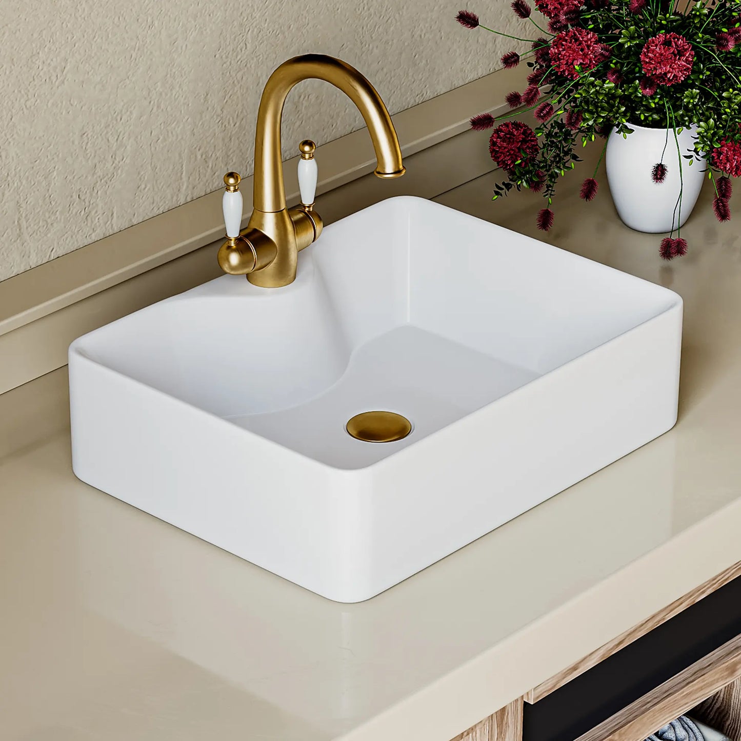 Denbigh 19" x 14" Rectangular China Rectangular Vessel Bathroom Sink with Faucet Hole