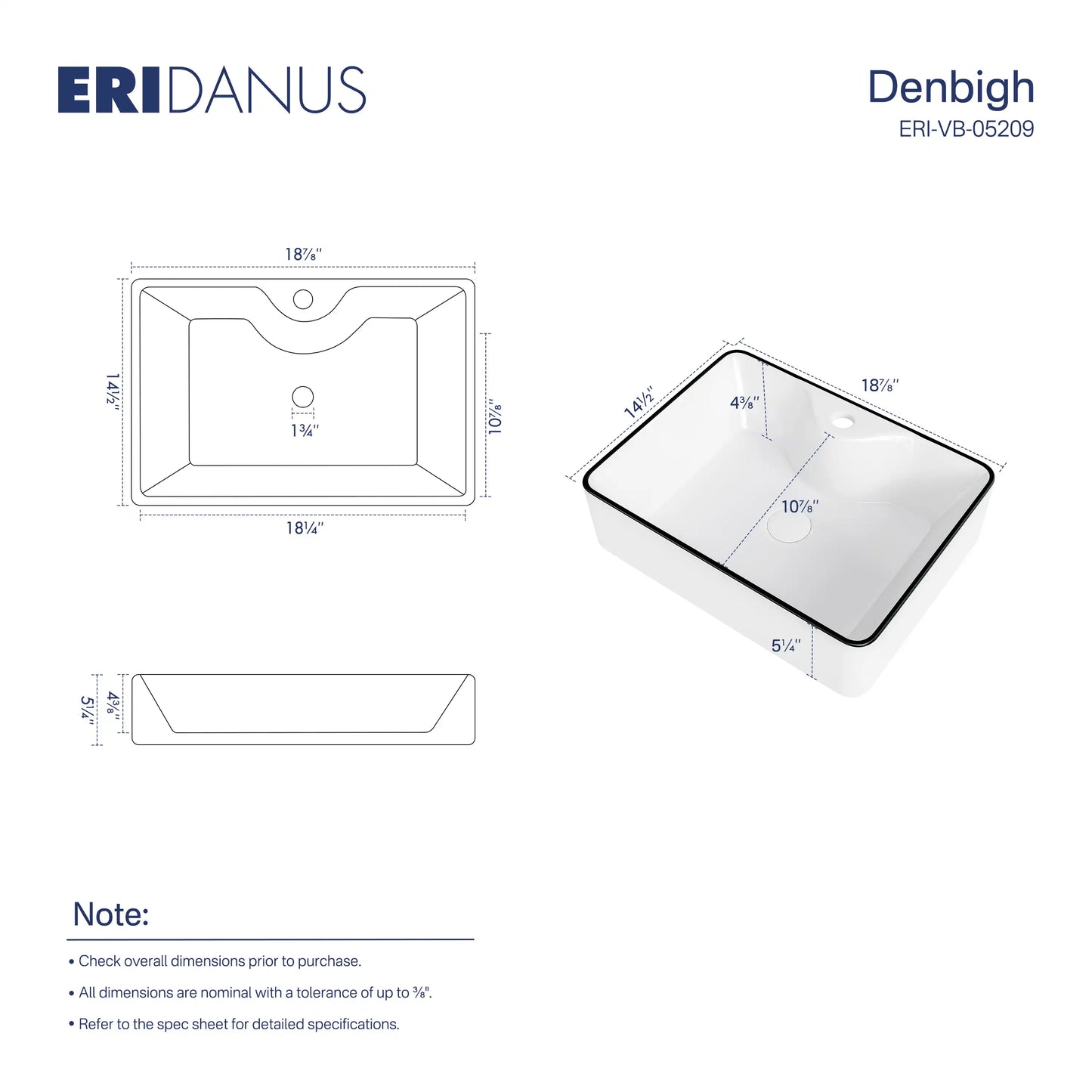 Denbigh 19" x 14" Rectangular China Rectangular Vessel Bathroom Sink with Faucet Hole