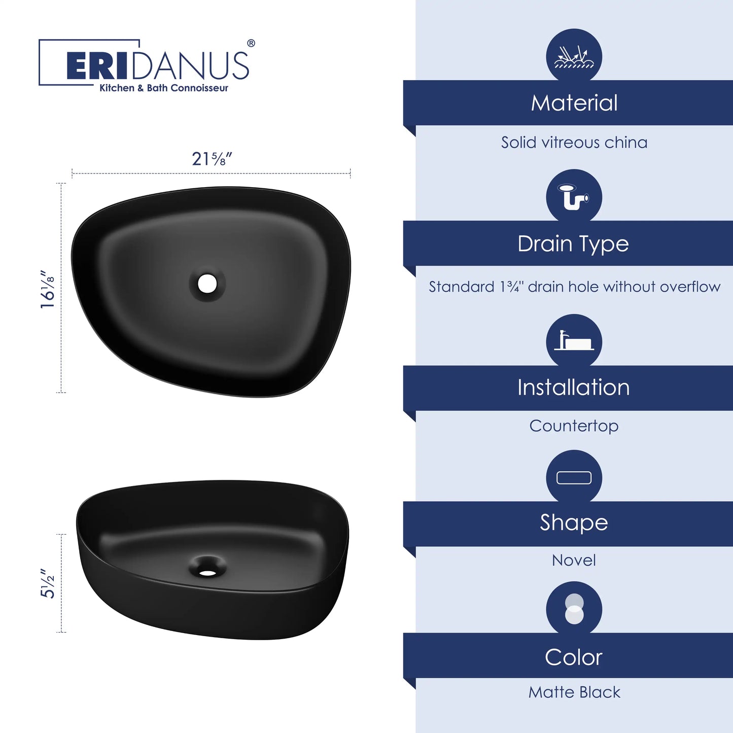 Zermatt 21" x 16" Vitreous China Irregular Bathroom Vessel Sink in Matte Black