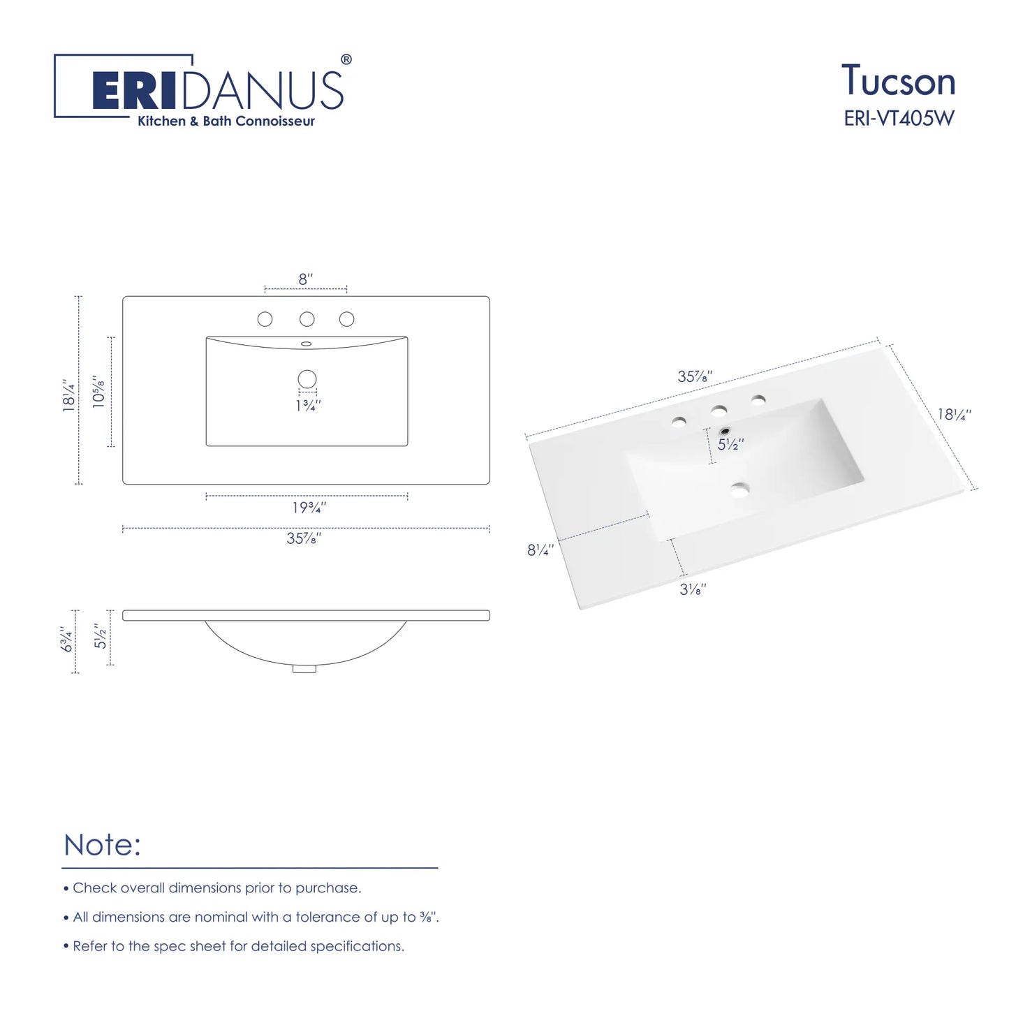 Tucson 35.9" x 18.25" White Vitreous China Rectangular Single-Basin Countertop Sink (Sink Only, Vanity Cabinet Not Included)