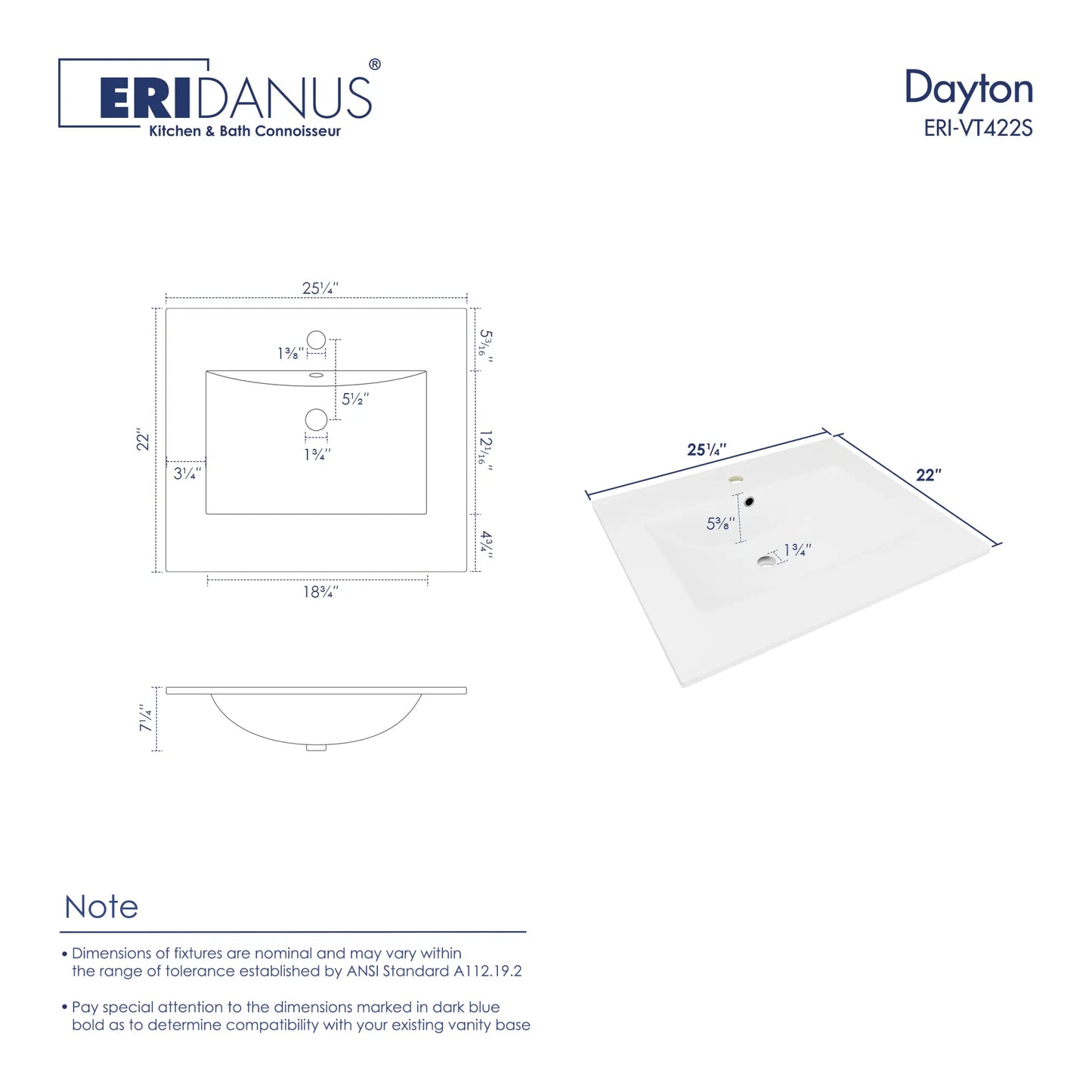 Dayton 25" x 22" Vitreous China Vanity Top Sink in White with Single Faucet Hole (Sink Only, No Vanity)