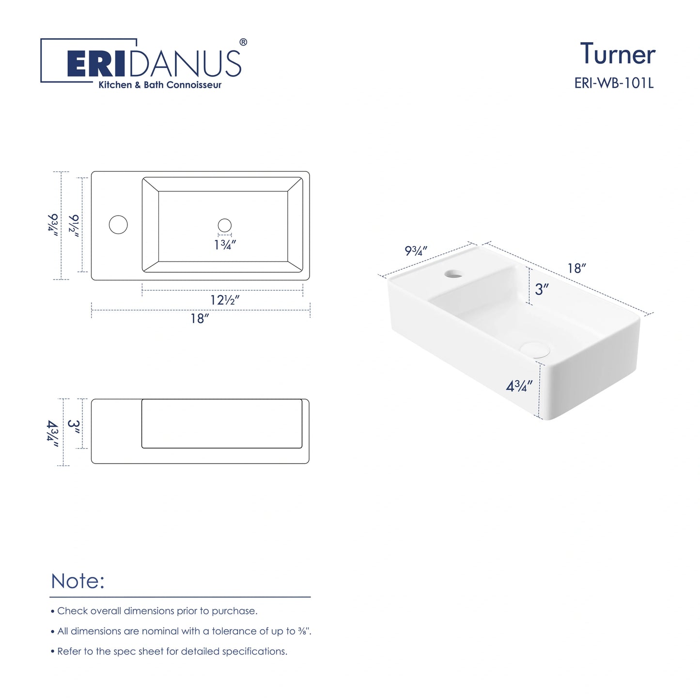 Turner 18" x 10" White Ceramic Rectangular Wall Mount & Vessel Bathroom Sink