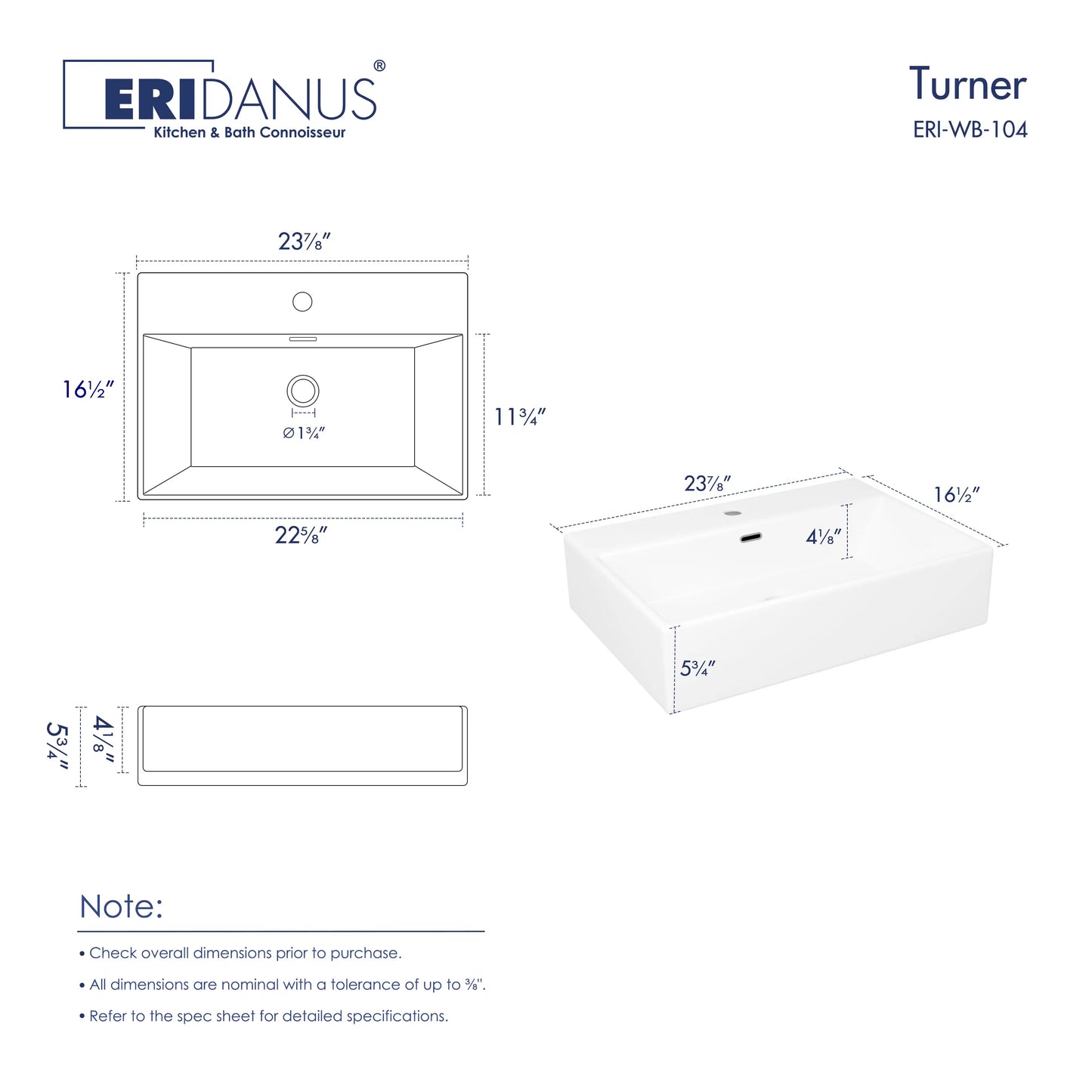 Turner 24" x 16" Rectangular Vessel Vitreous China Wall Mount Bathroom Sink with Overflow, Multiple Colors