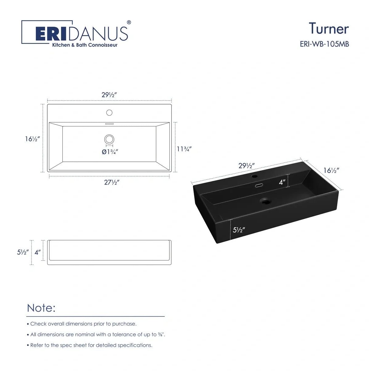 Turner 30" x 16.5" Rectangular Wall Mount Bathroom Sink with Overflow