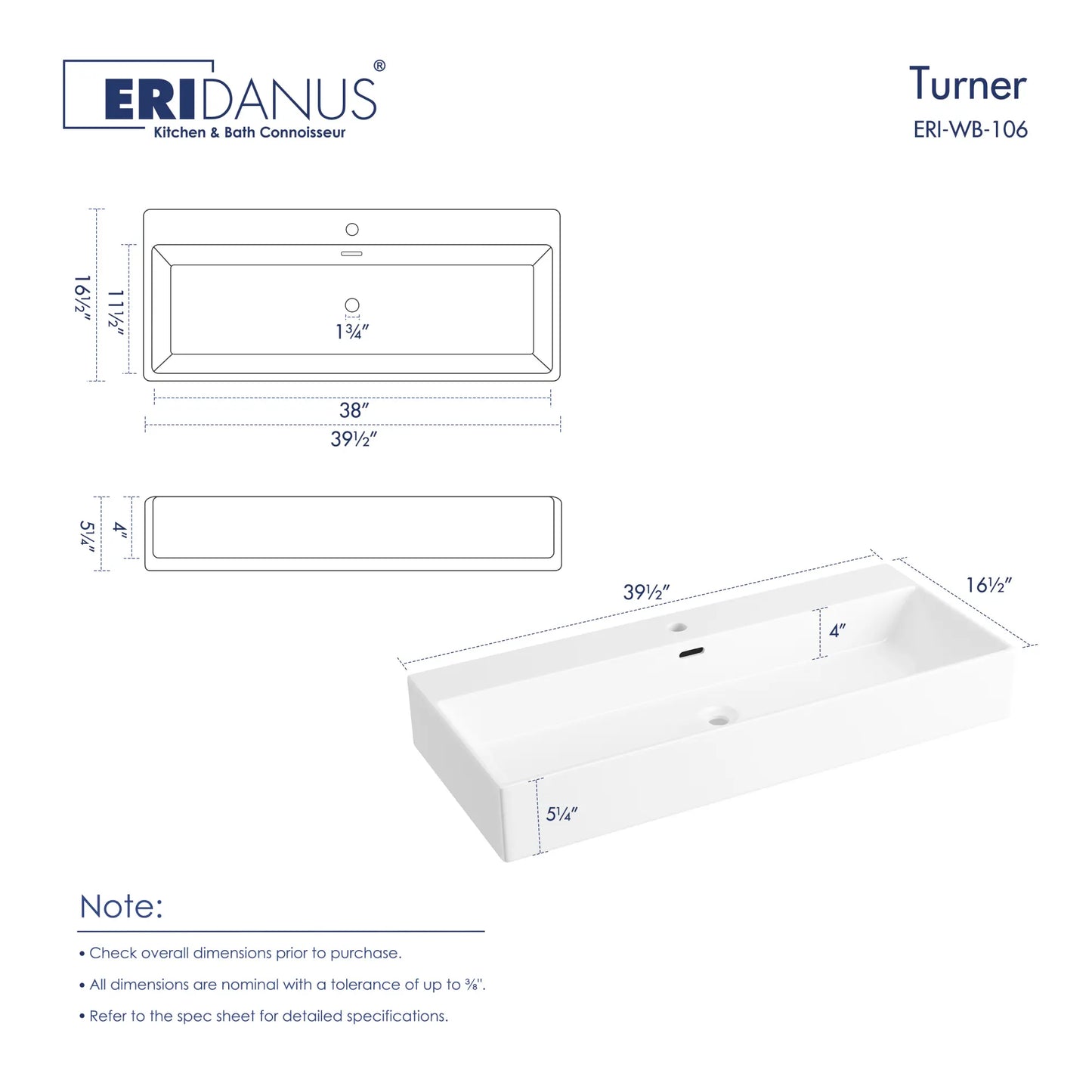 Turner 39" x 16" White Trough Wall Mount or Vessel Bathroom Sink