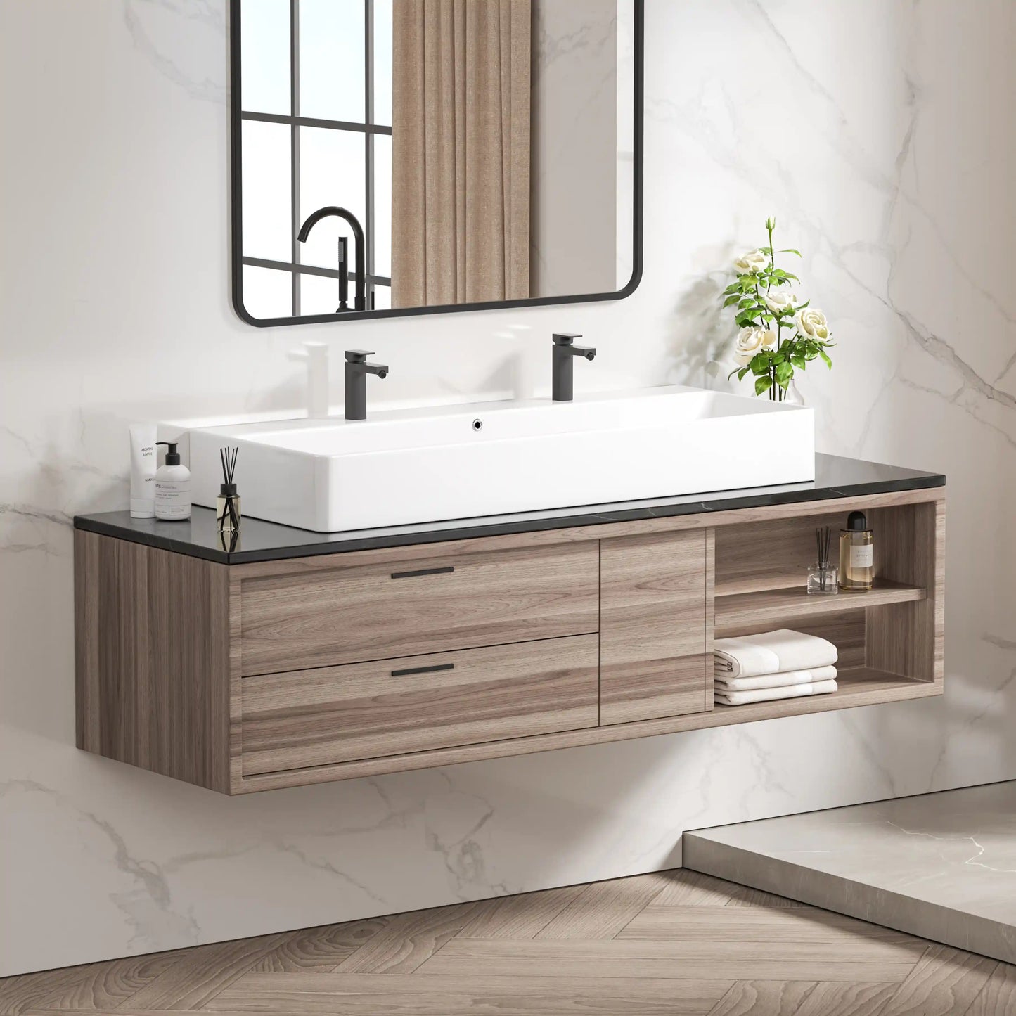 Turner 43" x 16.5" Rectangular Vessel Ceramic Wall Mount Bathroom Sink in White, Two Faucet Holes